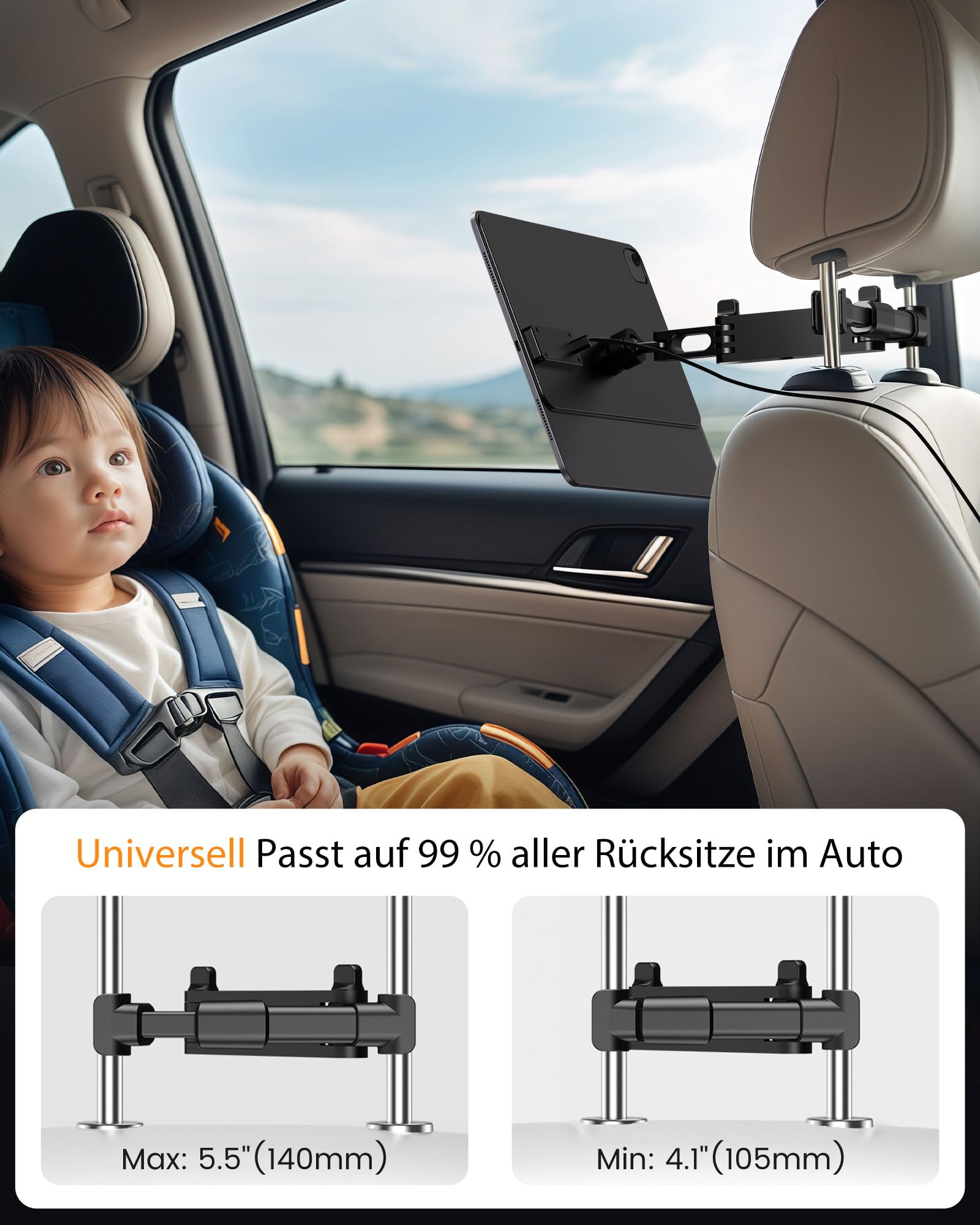 KU XIU Magnetisches Laden Tablet-Halterung Kopfstütze für iPad Pro 12.9/Air 13 M2/M3, Lange Arm Tablet-Halterung Rücksitz für Kinder, Ständer für Roadtrip-Zubehör für iPad Pro 12.9'' 3rd/4th/5th/6th
