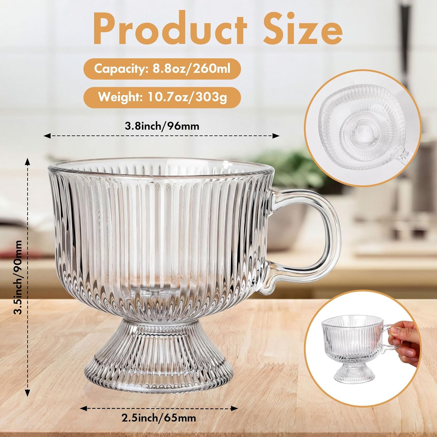 12 Pack Vintage Glass Coffee Mugs with Handle, 8 oz Footed Tea Cups Clear Glass Bowls for Latte, Cappuccino, Oatmeal, Yogurt, Ice Cream, Hot & Cold Beverages(Vertical Stripes)