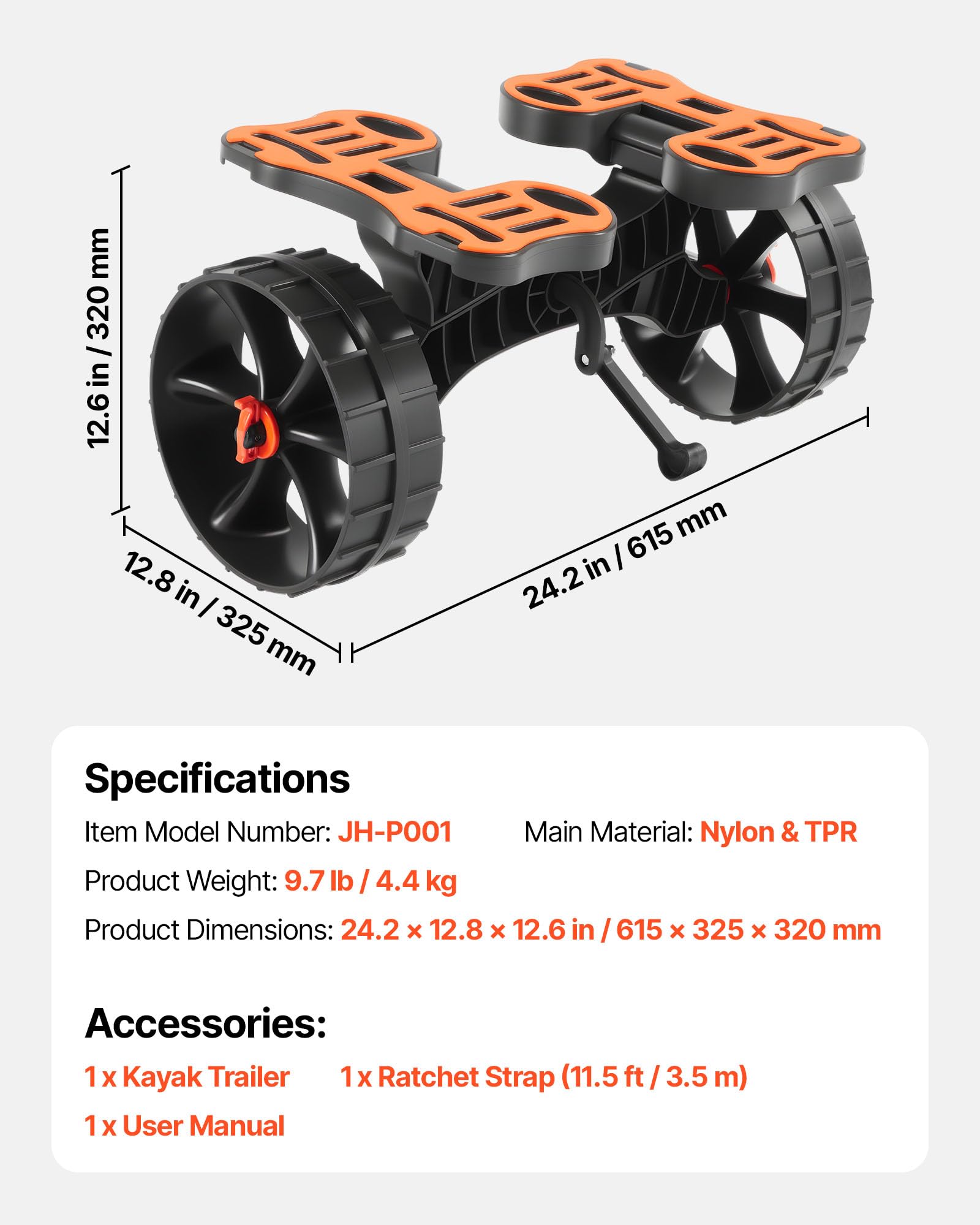 VEVOR Wózek kajakowy, 136 kg, składany wózek kajakowy z pełnymi gumowymi oponami 25,4 cm i 1 pasem zapadkowym, do transportu kajaków, kajaków, desek wiosłowych, łodzi Jon, sprzętu do sportów wodnych