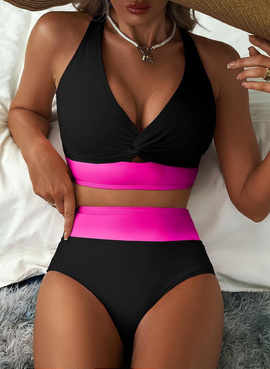 Herseas Women's 2 Piece Bikini Sets Twist Front Top Lily Print Swimsuits High Waisted Bathing Suit Beach Summer Swimwear