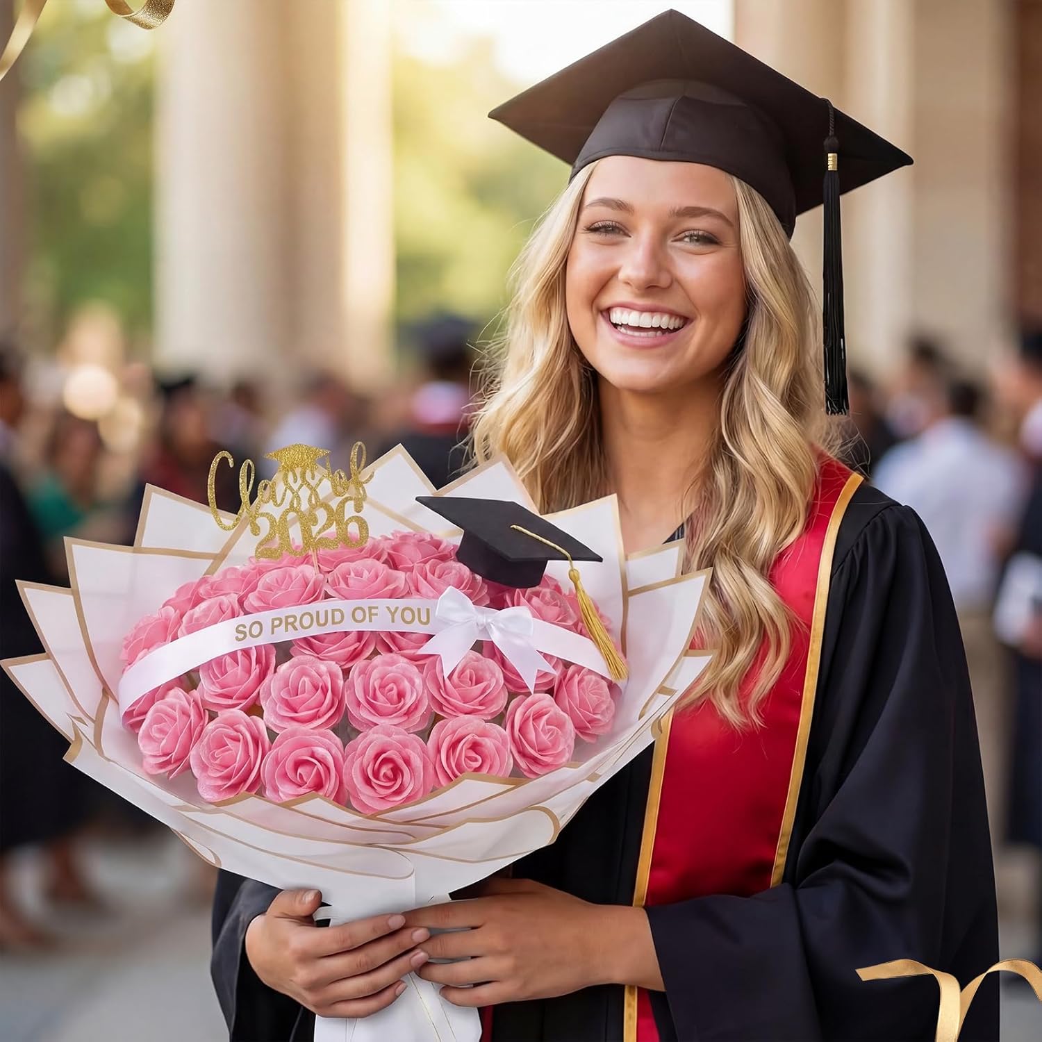 68 Pcs Graduation Glitter Roses Bouquet Wrapping Accessories Kit, 18 Roses 10 Wrapping Paper 1 Card Cap 2 Card Inserts 3 Ribbons DIY Crafts Gifts for Graduation Mother's Day(Pink)