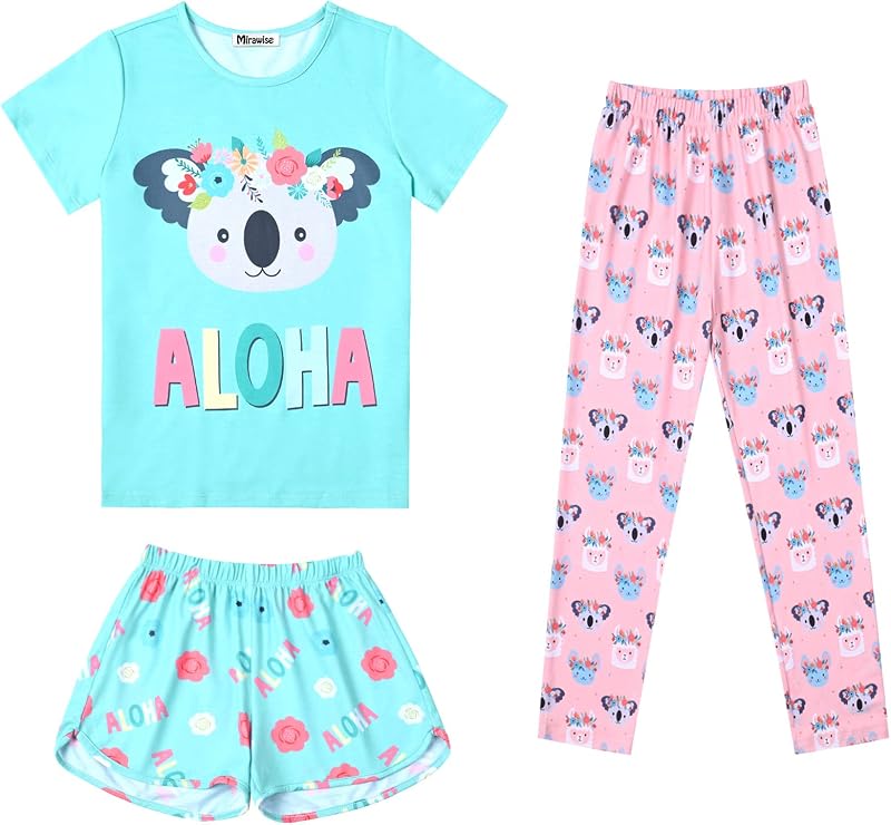 Mirawise Conjunto de Pijamas Feminino Infantil com 3 Peças, Algodão, 4 a 13 Anos