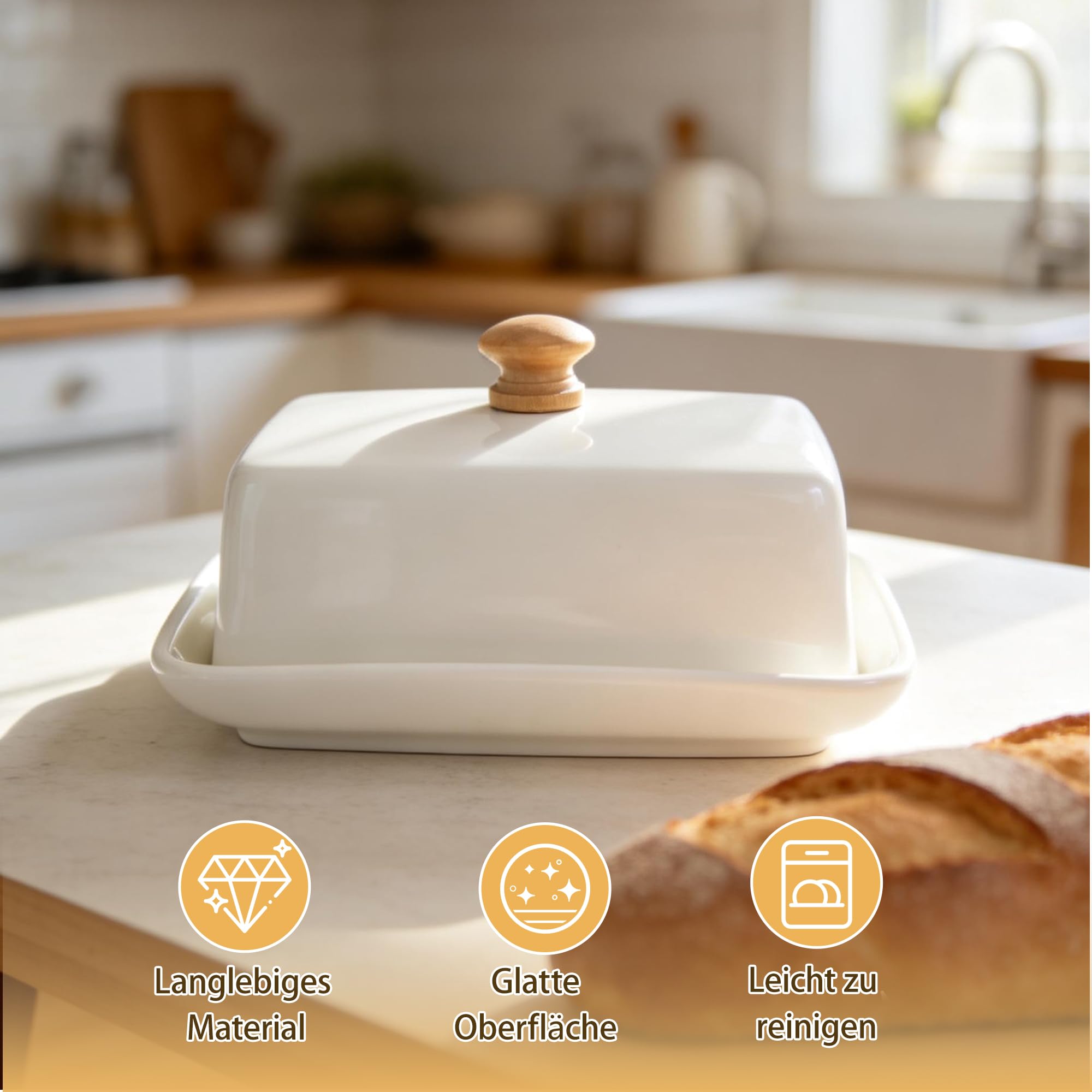 Butterdose Keramik, Weiß Butterdose mit Deckel für Kühlschrank & Tisch, Butterglocke für 250g Butter, Spülmaschinengeeignet Butterbox für Haushalt und Küche