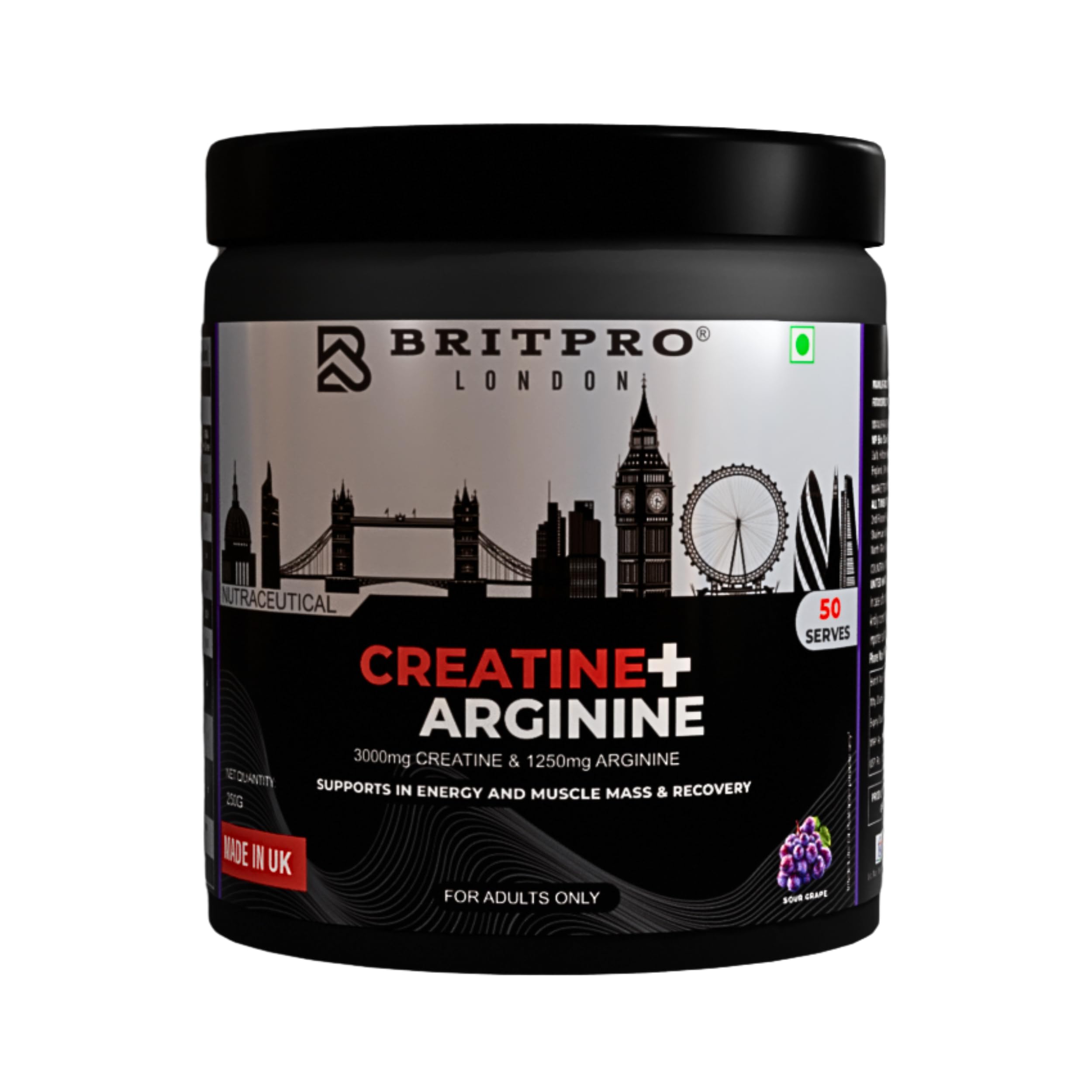 London Creatine + Arginine Powder | 3000mg Creatine Monohydrate & 1250mg Arginine | Pre Workout Muscle Strength, Energy & Recovery | 50 Servings | Sour Grape Flavor | 250g-image-49