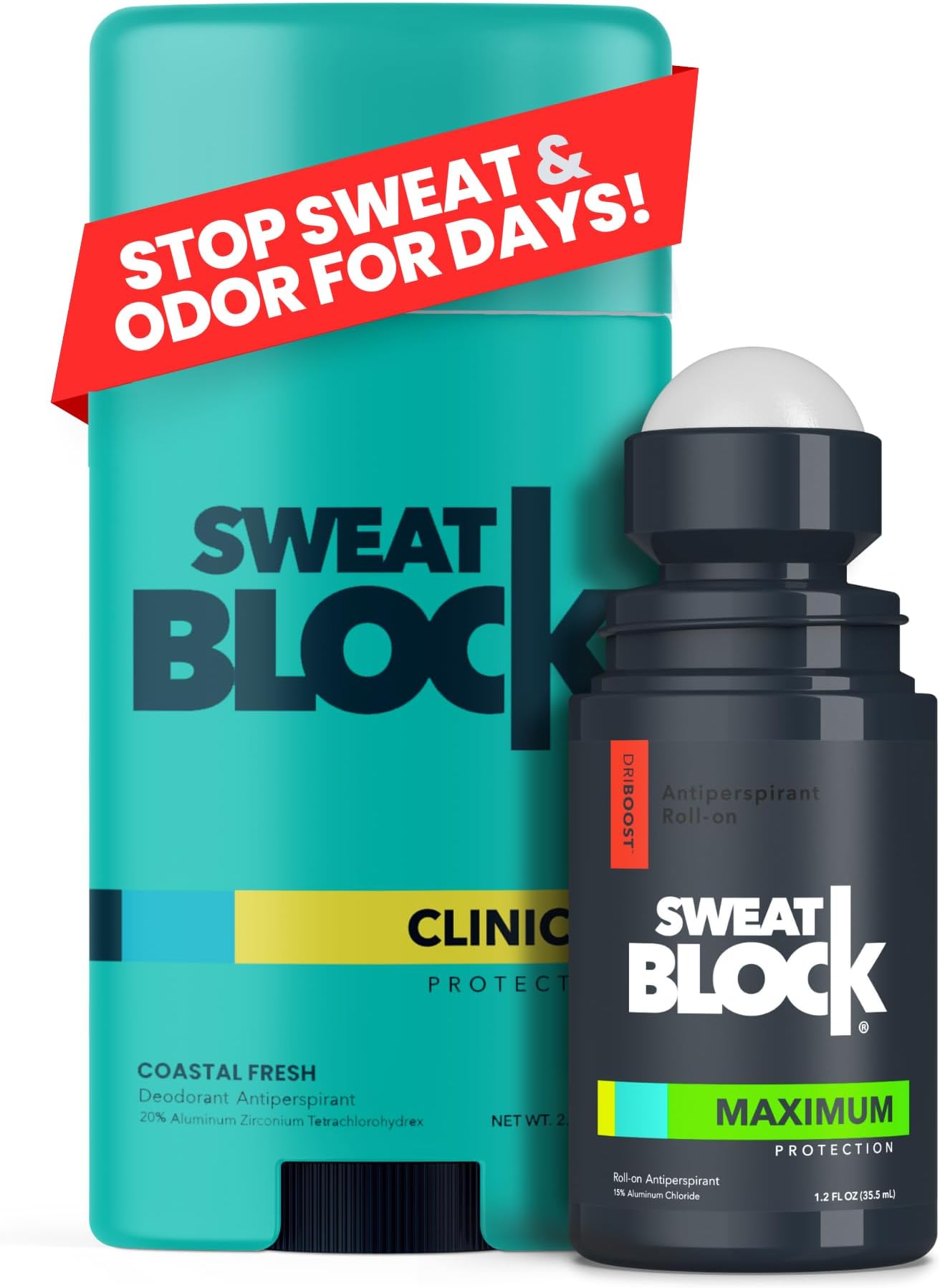 Clinical Strength Antiperspirant and Deodorant System for Men and Women Roll-On 1.2 fl oz for Sweat Control Plus 2.7 oz Stick for 48 Hour Odor Protection Hyperhidrosis Treatment Kit