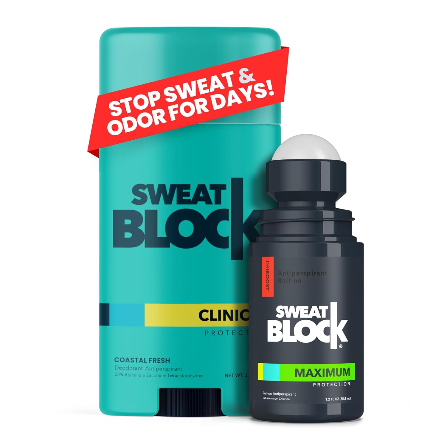 SweatBlock Clinical Strength Antiperspirant and Deodorant System for Men and Women Roll-On 1.2 fl oz for Sweat Control Plus 2.7 oz Stick for 48 Hour Odor Protection Hyperhidrosis Treatment Kit