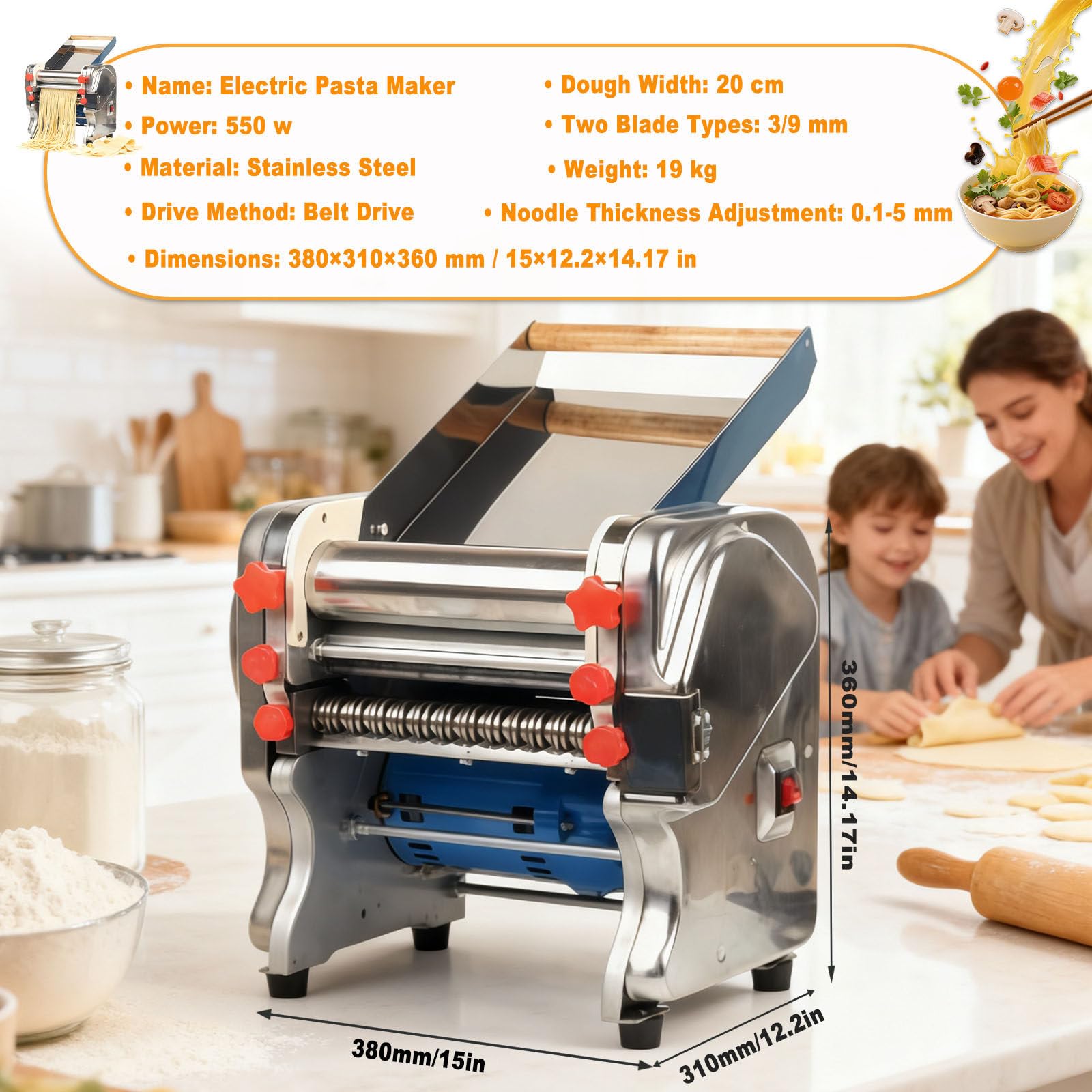 Máquina automática para Hacer Fideos de 550 W - Máquina eléctrica para Hacer Pasta para Uso doméstico y Comercial - Ideal para la preparación de Fideos, Pizza, Pan y Pasta.