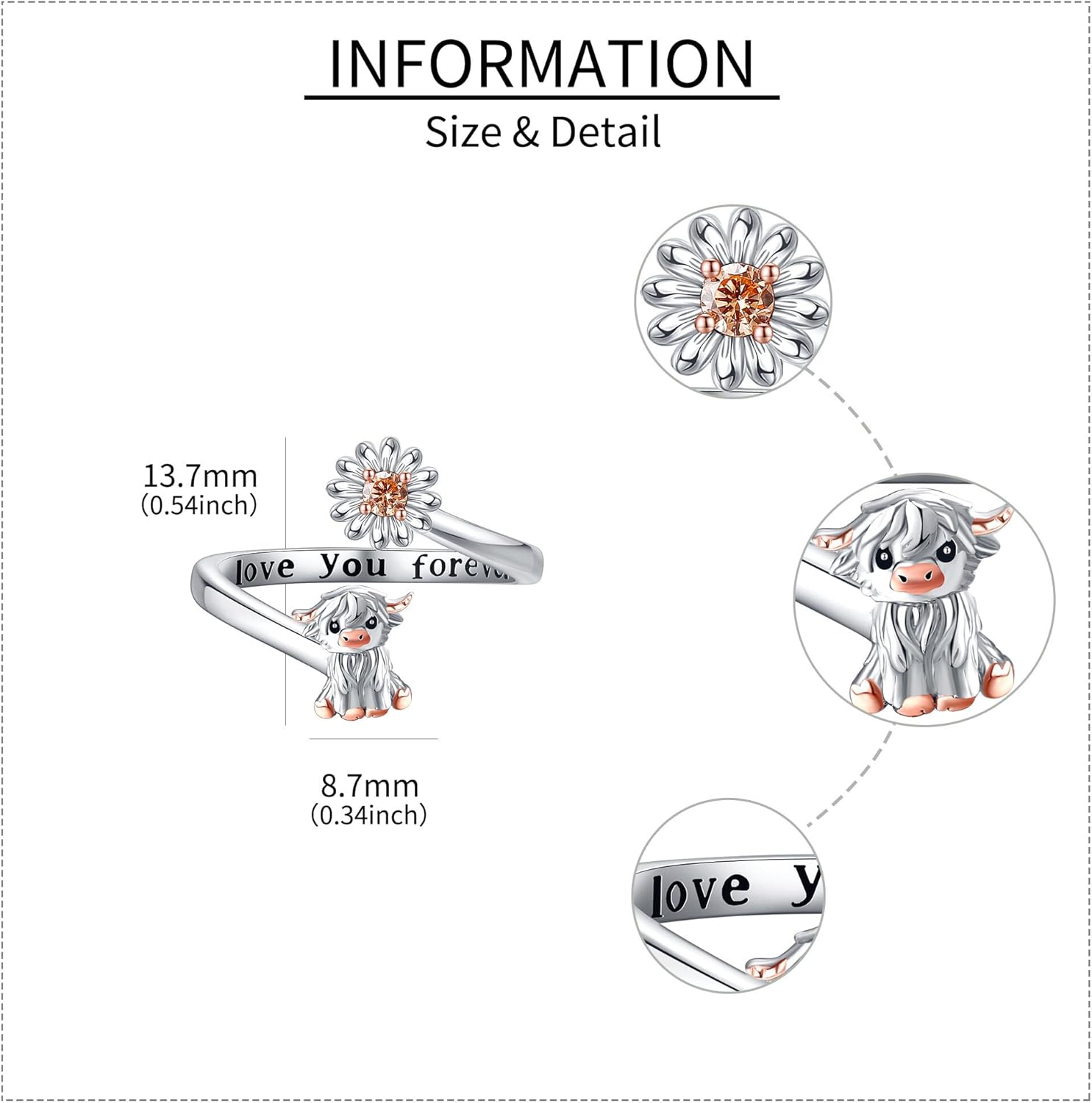 Animal Ring 925 Sterling Silver Highland Cow/Hummingbird/Elephant/Corgi/German Shepherd/Guinea Pig/Dragonfly/Shark Adjustable Open Ring Dasiy Moonstone Jewelry Gifts for Women Mom Grandma - Image 3