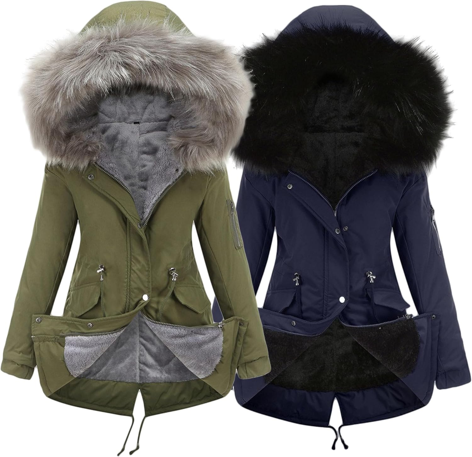 2 Pack Winter Coats Fleece Parkas for Women Sherpa Lined Parka Coat with Fur Hood Warm Thicken Military Anoraks