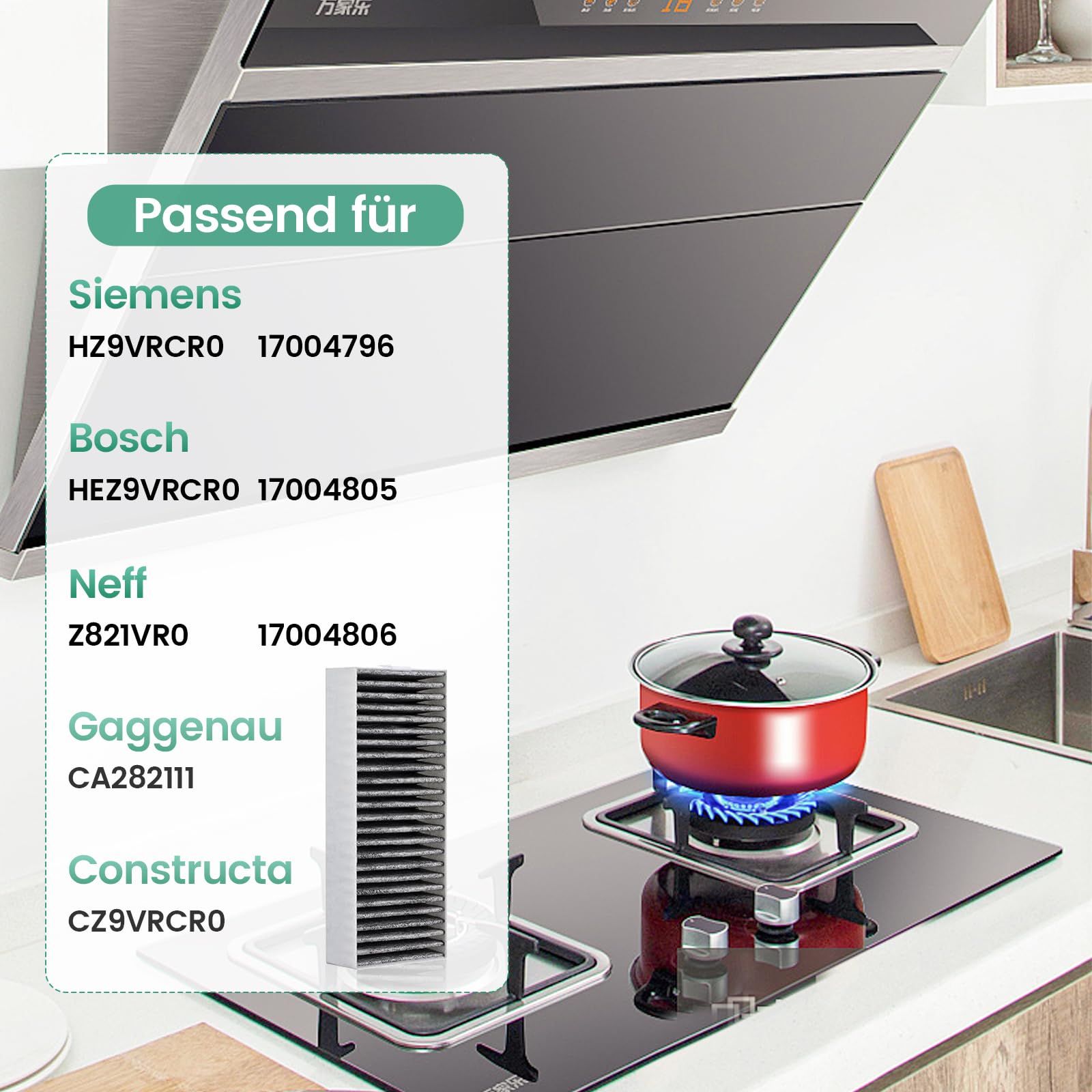 4 filtros de carbón activo, 193 x 75 x 35 mm, para campana extractora Bosch HEZ9VRCR0, Siemens Studioline HZ9VRCR0, para Gaggenau CA282111, Neff Z821VR0, Constructa CZ9VRCR0, accesorios
