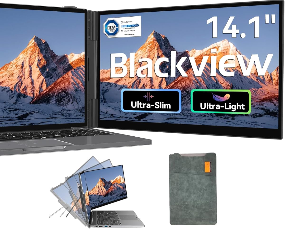 Blackview Laptop Screen Extender, 1.3lbs Ultra-Light & 0.17" Ultra-Slim, 14" FHD 1080P IPS Portable Laptop Monitor Extender, Travel Dual Monitor for 13-17",Plug & Play for Windows/Mac/Android/Switch