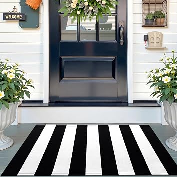 OLANLY Black and White Striped Rug 24" x 37" 27.5" x 43" Washable Cotton Indoor Outdoor Doormat for Front Door, Entryway, Kitchen, Porch, Patio Decor