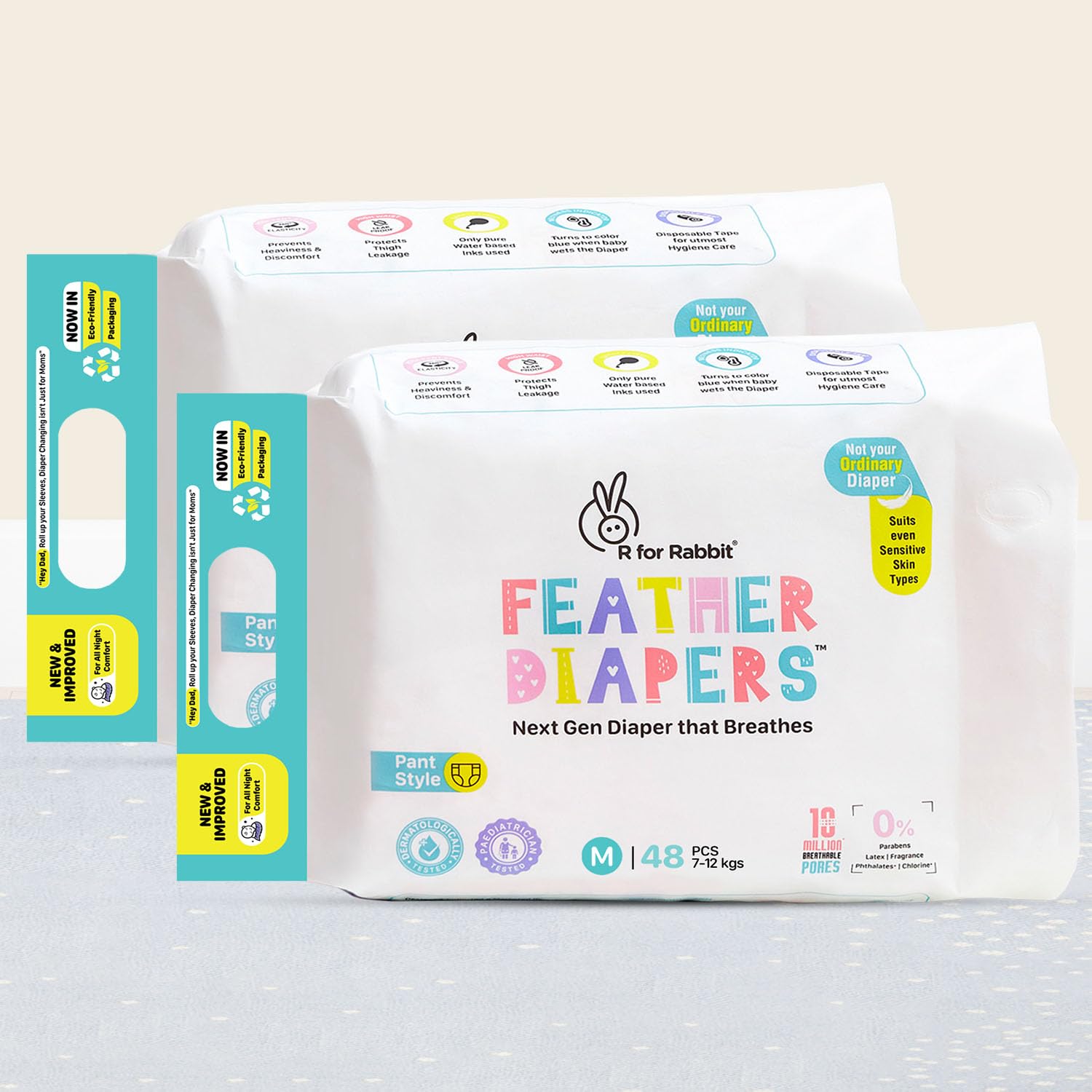 R for Rabbit Medium Size Premium Feather Diaper for Baby 7 to 12 kgs, 96 Count (48 Count, Pack Of 2)