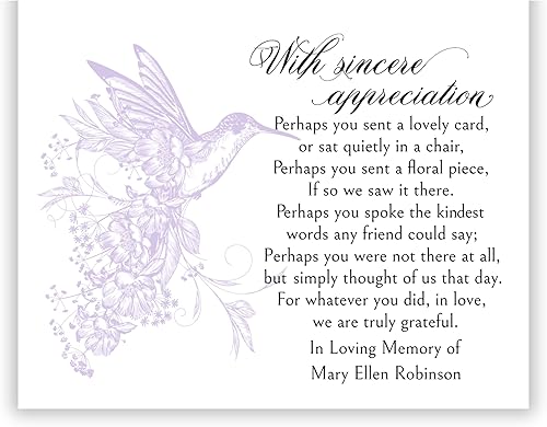 Notas de agradecimiento personalizadas de colibrí, elige tu cantidad, tarjetas de agradecimiento azules, reconocimiento de condolencias con