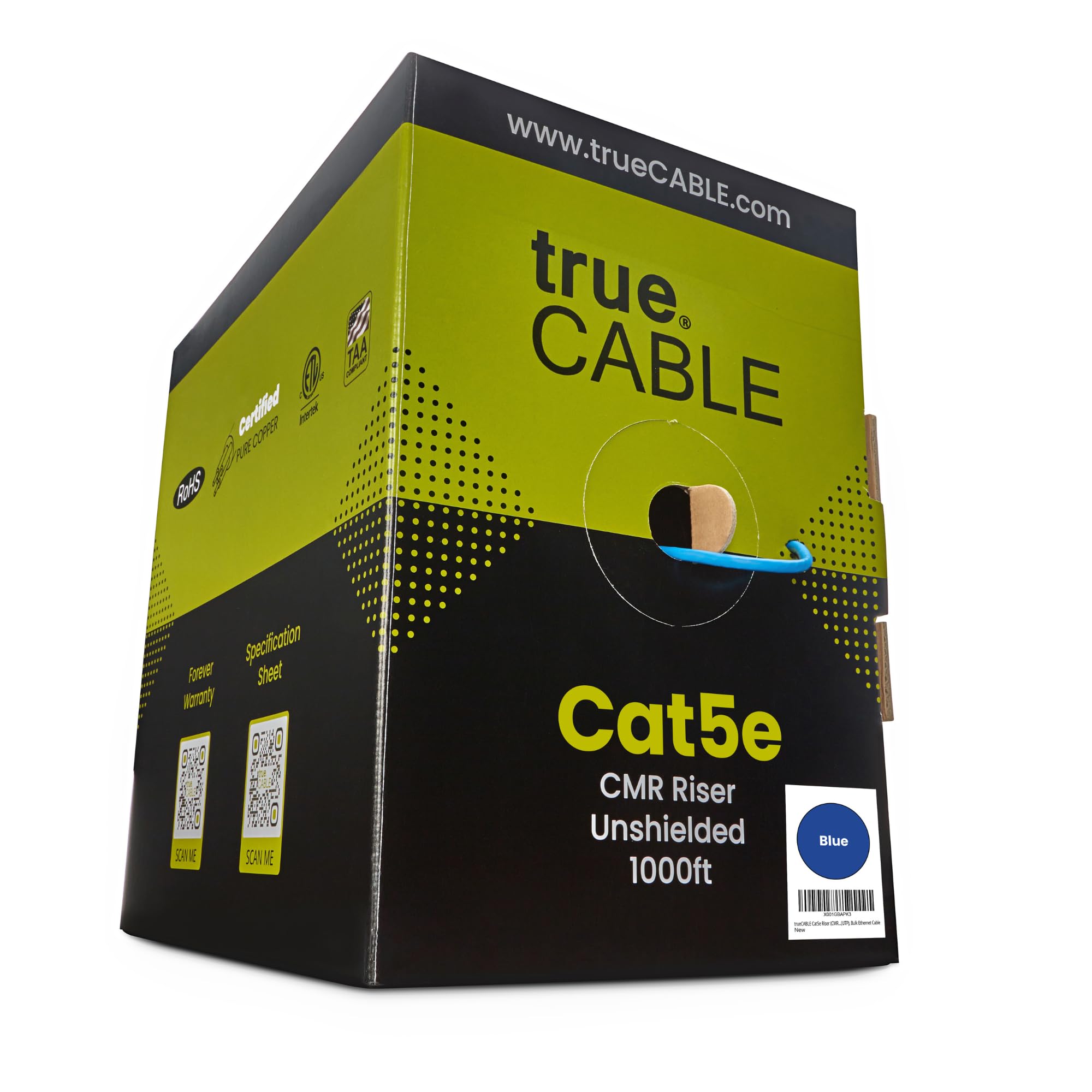 trueCABLE Cat5e Riser (CMR), 1000ft, Blue, 24AWG 4 Pair Solid Bare Copper, 350MHz, PoE++ (4PPoE), ETL Listed, Unshielded Twisted Pair (UTP), Bulk Ethernet Cable