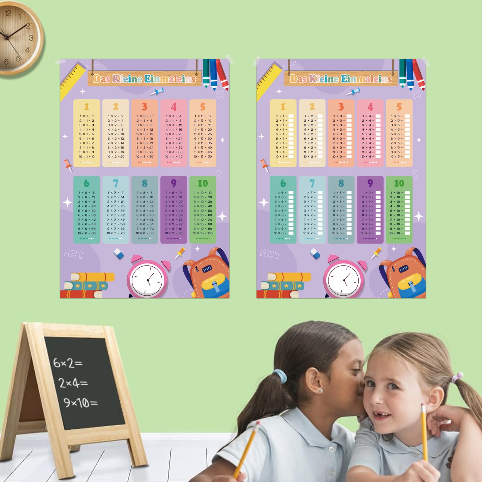 Póster de aprendizaje 1x1 para niños con 4x hojas de ejercicios, entrenador de tablas de multiplicar para niños