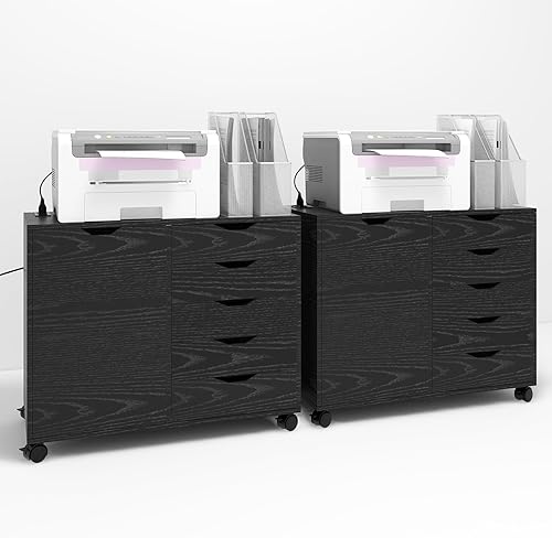 Miniatura 6 de PUNCIA Armarios de almacenamiento de archivos de madera móviles de 5 cajones con tomas de corriente y puerta, archivador lateral para oficina en