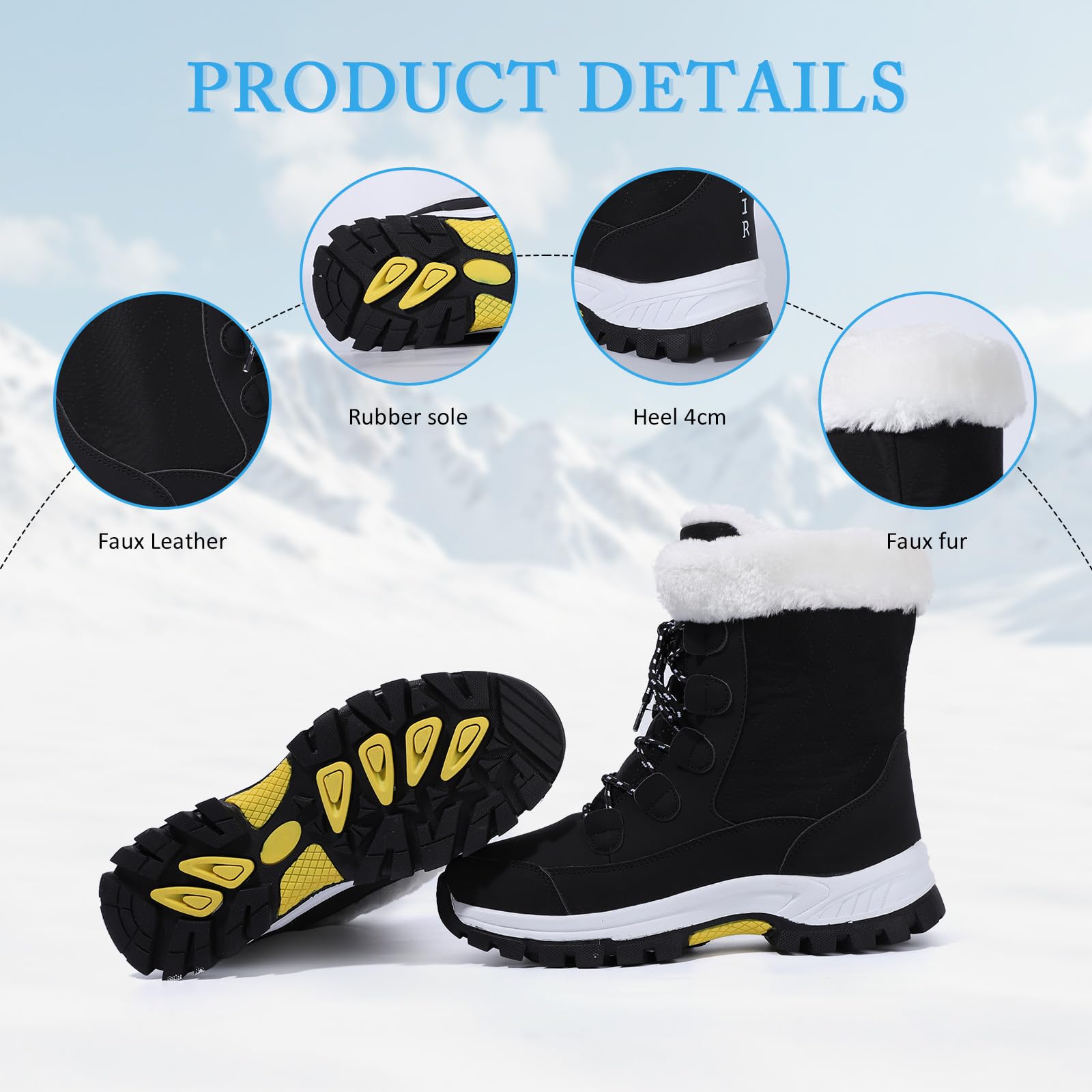 EVEOUT Damskie zimowe śniegowce do połowy łydki skóra PU antypoślizgowe buty outdoorowe z podszewką ze sztucznego futra (obcas 4 cm) do podróży i noszenia na co dzień, Czarny, 40 EU