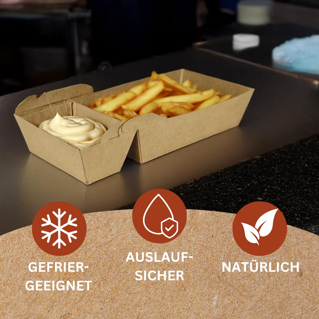 Enpack Snackschale A23 (A7+1) - 50 Snackschalen aus Kraftkarton - Einweg Pommesschalen - Pommes-Frites-Trays - Snack Container - Fingerfood Schiffchen mit 2 Fächer beschichtet - abbaubar 9x17x3,5 cm