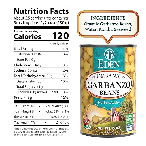 Miniatura 8 de Eden Garbanzos orgánicos, garbanzos, lata de 15 onzas (paquete de 12), sin sal añadida, sin OMG, sin gluten, vegano, kosher, cultivado en Estados