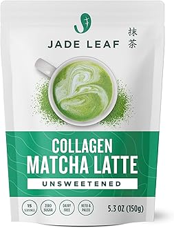 Jade Leaf Matcha Latte Powder with Grass Fed Bovine Collagen - Sugar Free, Sweetener Free - Made with Organic Japanese Matcha Powder for Café Style Blend, 5.3 Ounce / 150g (Pack of 1)