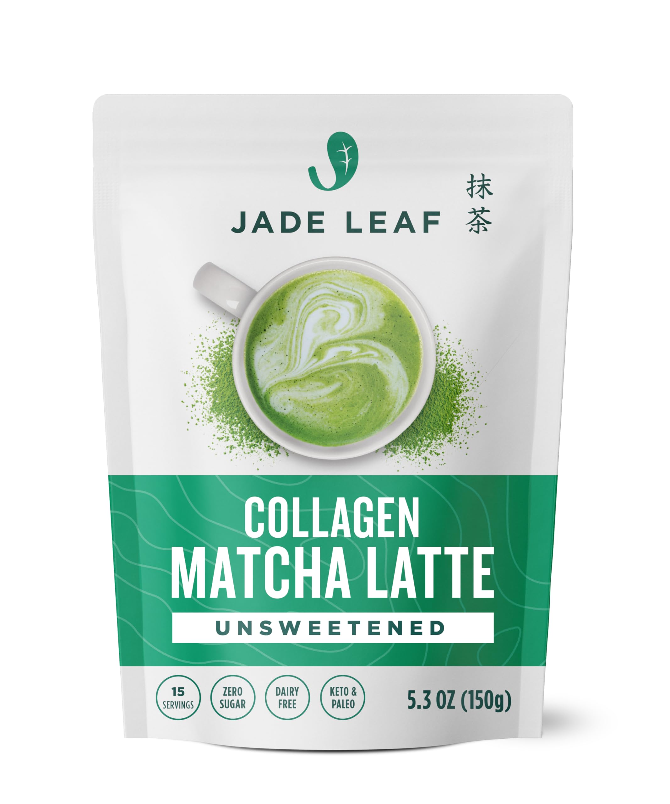 Jade Leaf Matcha Latte Powder with Grass Fed Bovine Collagen - Sugar Free, Sweetener Free - Made with Organic Japanese Matcha Powder for Café Style Blend, 5.3 Ounce / 150g (Pack of 1)