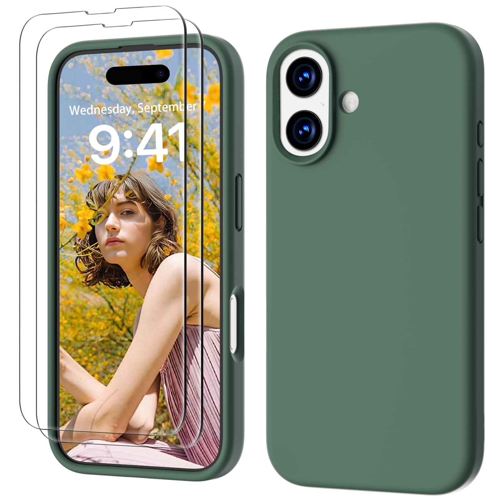 GOODVISH 3 in 1 Silicone Cover per iPhone 17 6.3", Custodia con 2 Pellicola Vetro Temperato [Protezione Fotocamera] 360° Protezione Anticaduta Case per Cellulare Antiurto Resistente, Verde Pino