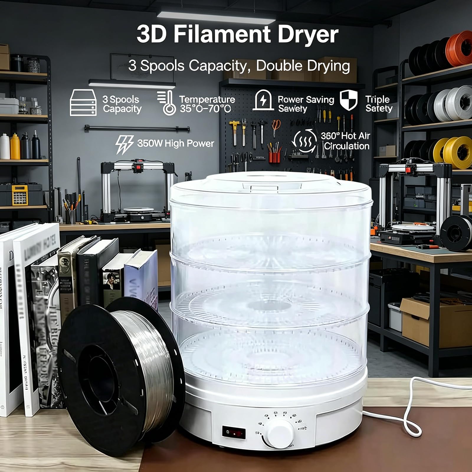 Caja Secadora De Filamento De 3 Capas, Horno De Secado De Filamento para Impresión 3D, Secado por Aire Circulante De 360°, Temperatura Ajustable De 35 A 70 °c, para El Hogar Y El Estudio.