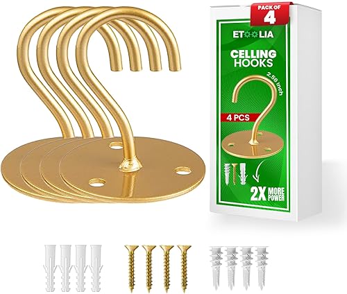 Ganchos de techo para plantas colgantes, 4 piezas de 2.56 pulgadas con recubrimiento de polvo resistente, ganchos colgantes dorados para comederos