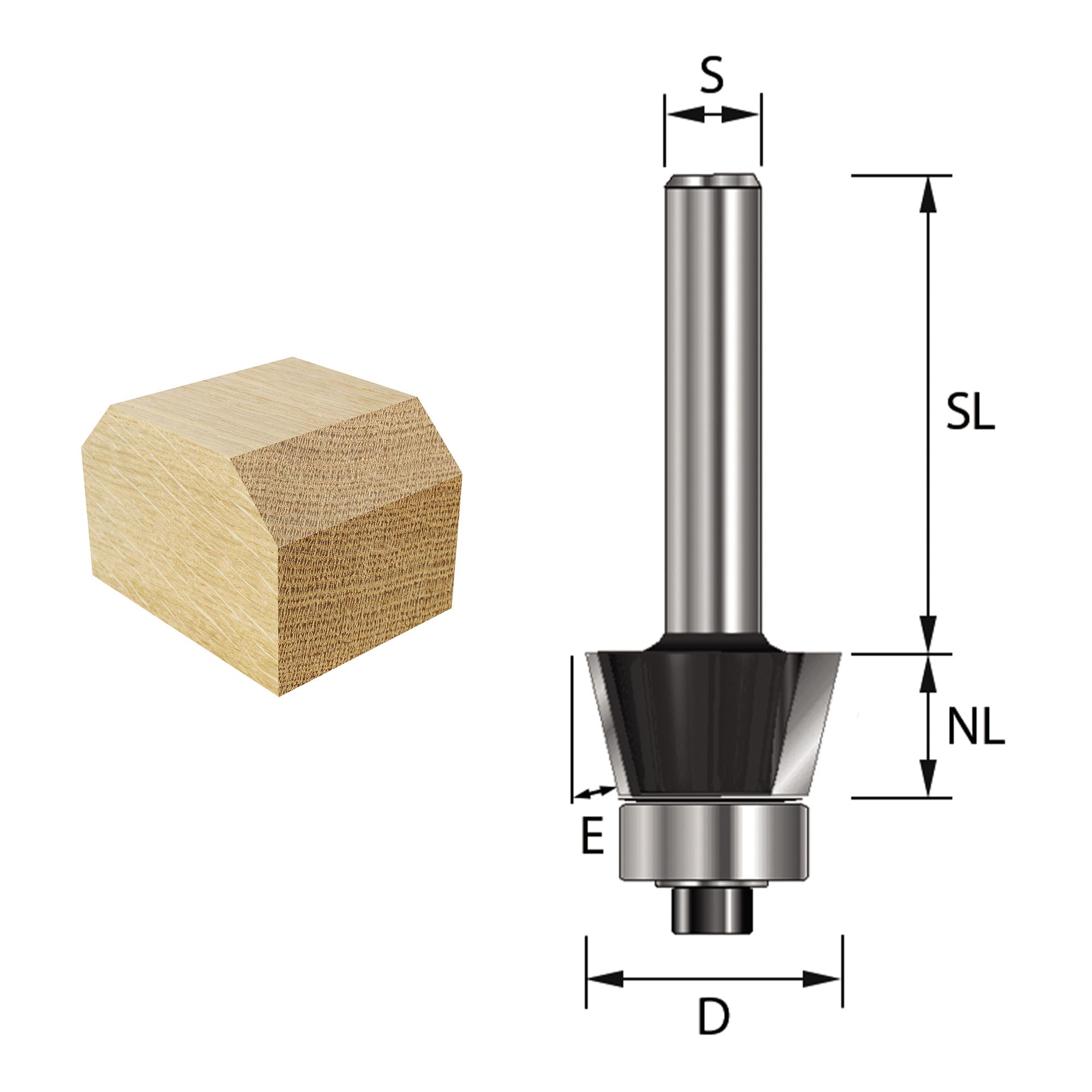 ENT 13766 Frez do fazowania w wegliku, chwyt (S) 12 mm, srednica (D) 36 mm, NL 11,6 mm, E 45°, SL 40 mm, z lozyskiem kulkowym