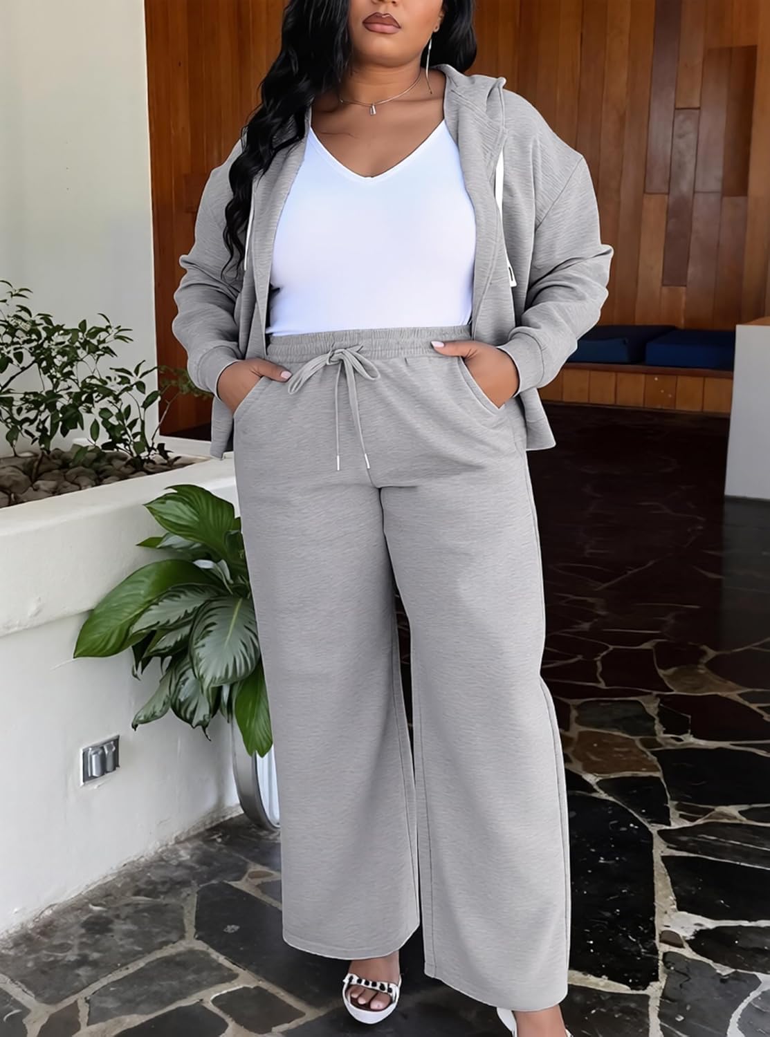 UOUA Plus Size Womens 2 Piece Sweatsuits Outfits Zip Up Jackets & Wide Leg Sweatpants Casual Loungewear Tracksuit Sets - Image 5