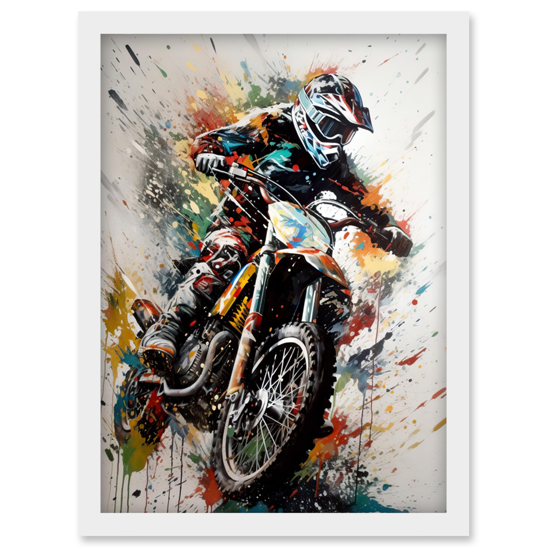 Artery8 Motocross Racer Paint Splat Action Shot Portrait Artwork Framed Wall Art Print A4