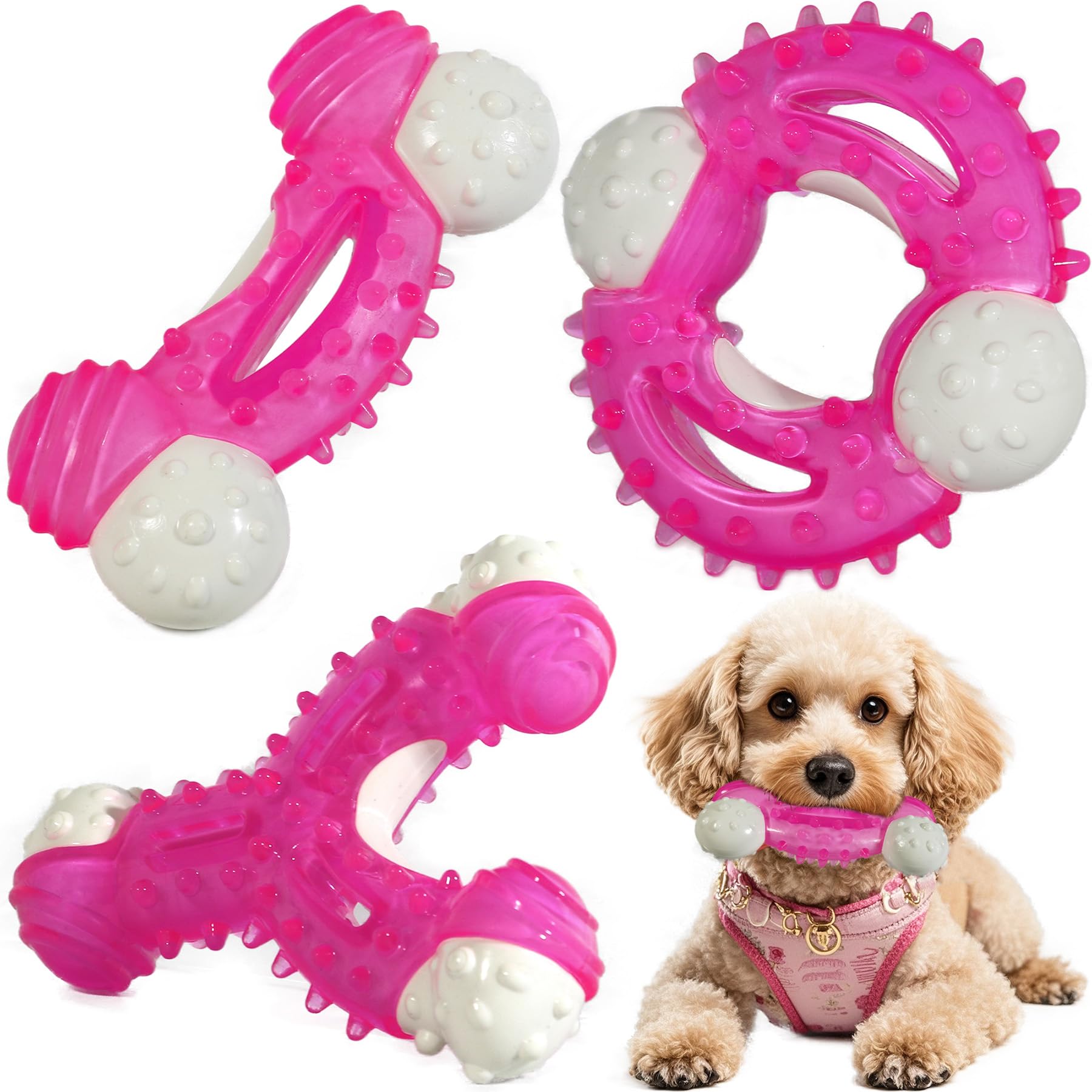 Puppy Teething Toys 3-Pack - Dog Chew Toys for Small to Medium Breeds, Natural Rubber-Coated Tough Nylon for Teething Puppies, Provide The Perfect Balance Between Durability and Softness, Pink
