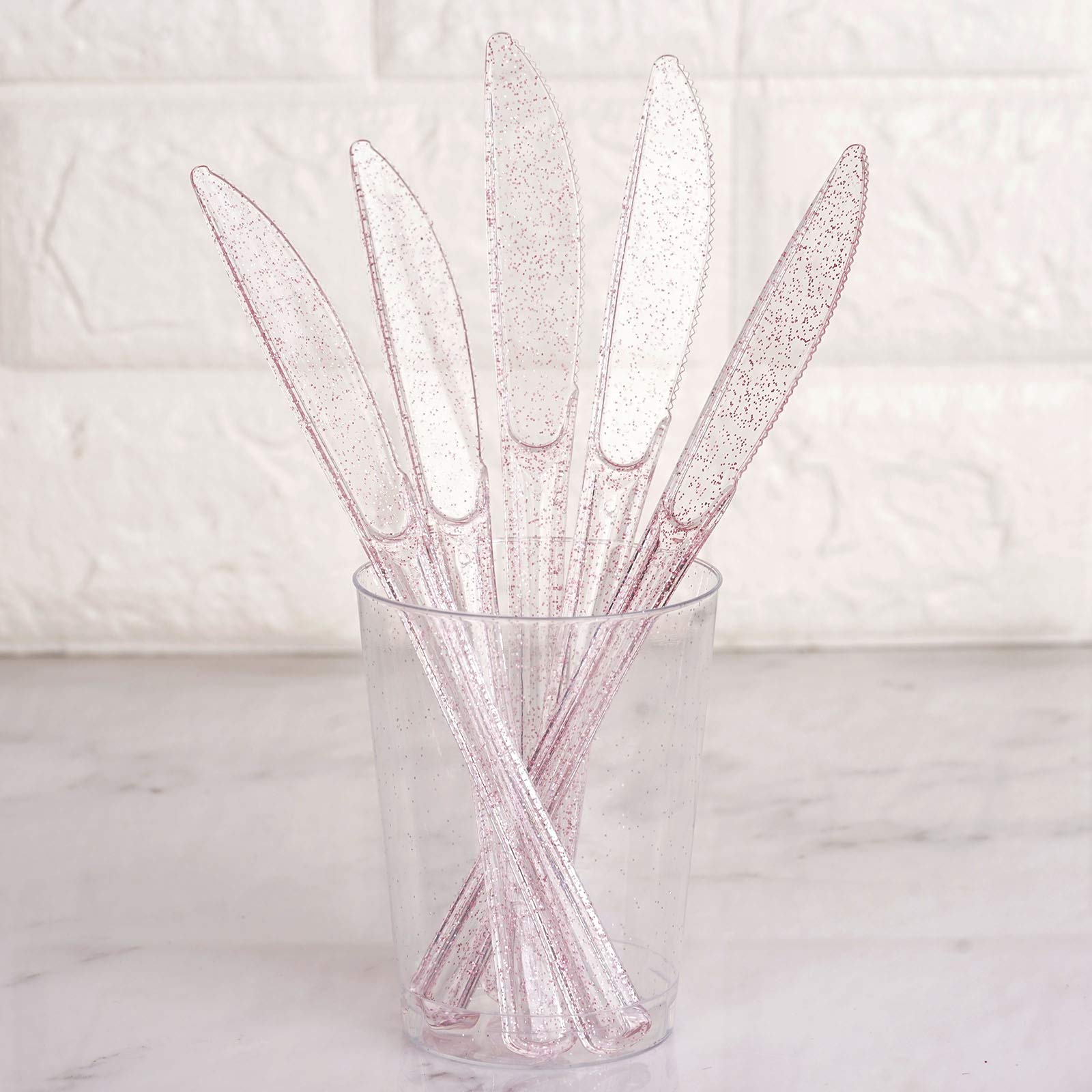 100 pcs Clear Blush Glittered Plastic Knives - Disposable Wedding Party Event Catering Tableware