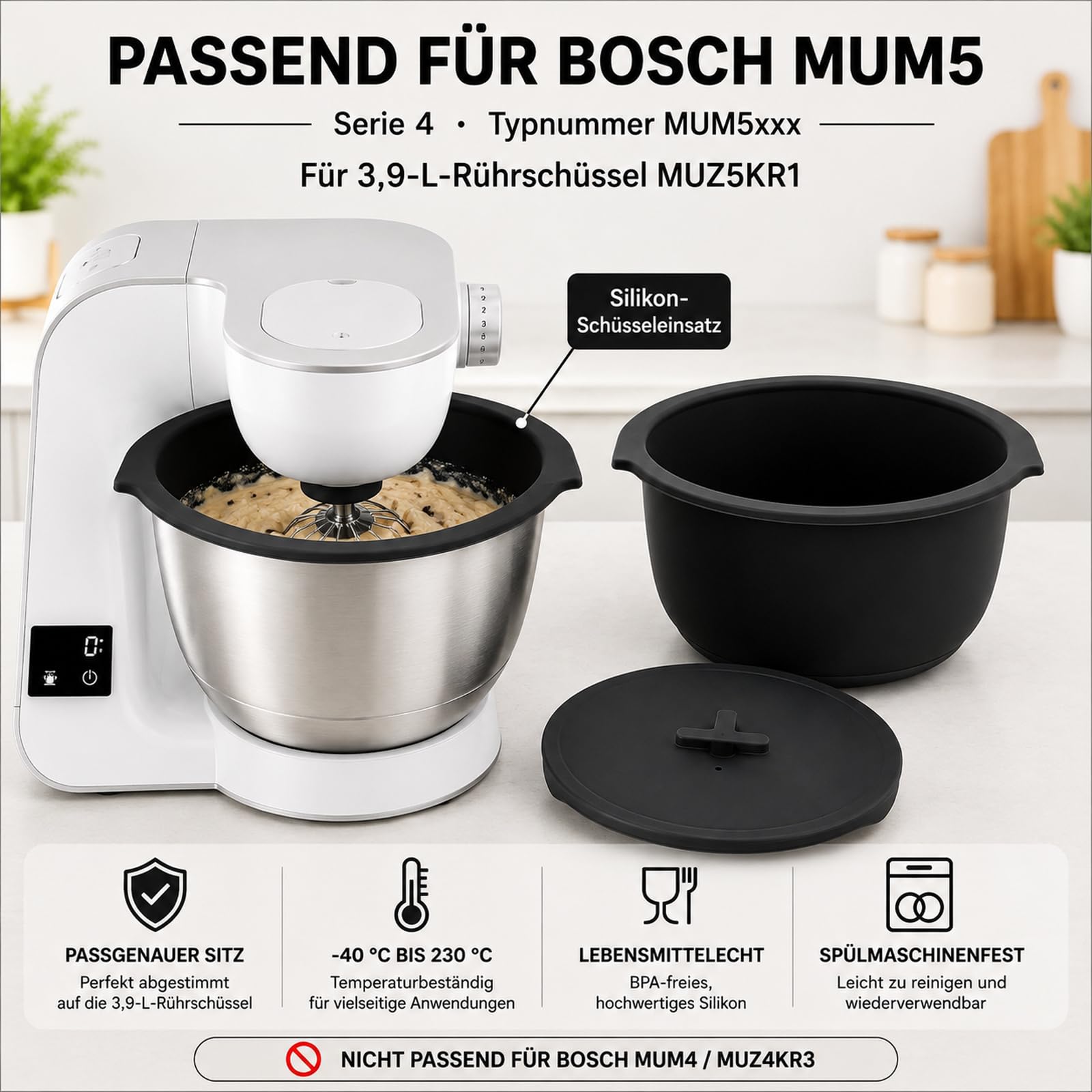 2er Silikoneinsätze mit Deckeln für Bosch MUM5 Rührschüssel 3,9 L | Bosch Küchenmaschine Serie 4 Zubehör (MUM5xxx), passend für MUZ5KR1, Teigschüssel für Hefeteig, Brotteig, Gären & Kühlen