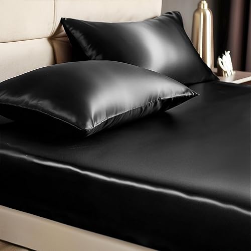 BEDELITE Satin Fitted Sheet and Pillowcases Set, Luxury Soft Similar to Silk Bottom Bed Sheet with Elastic Corner Straps, Deep Pocket up to 15 Inch, 1 Fitted Sheet and 2 Pillowcases(Full, Black)