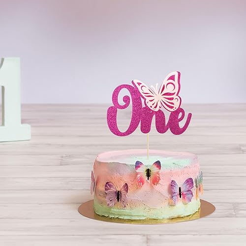 Miniatura 5 de Gyufise 1 decoración de mariposa para pastel con purpurina roja rosa para baby shower, 1er cumpleaños, decoración para fiesta de cumpleaños de 1er