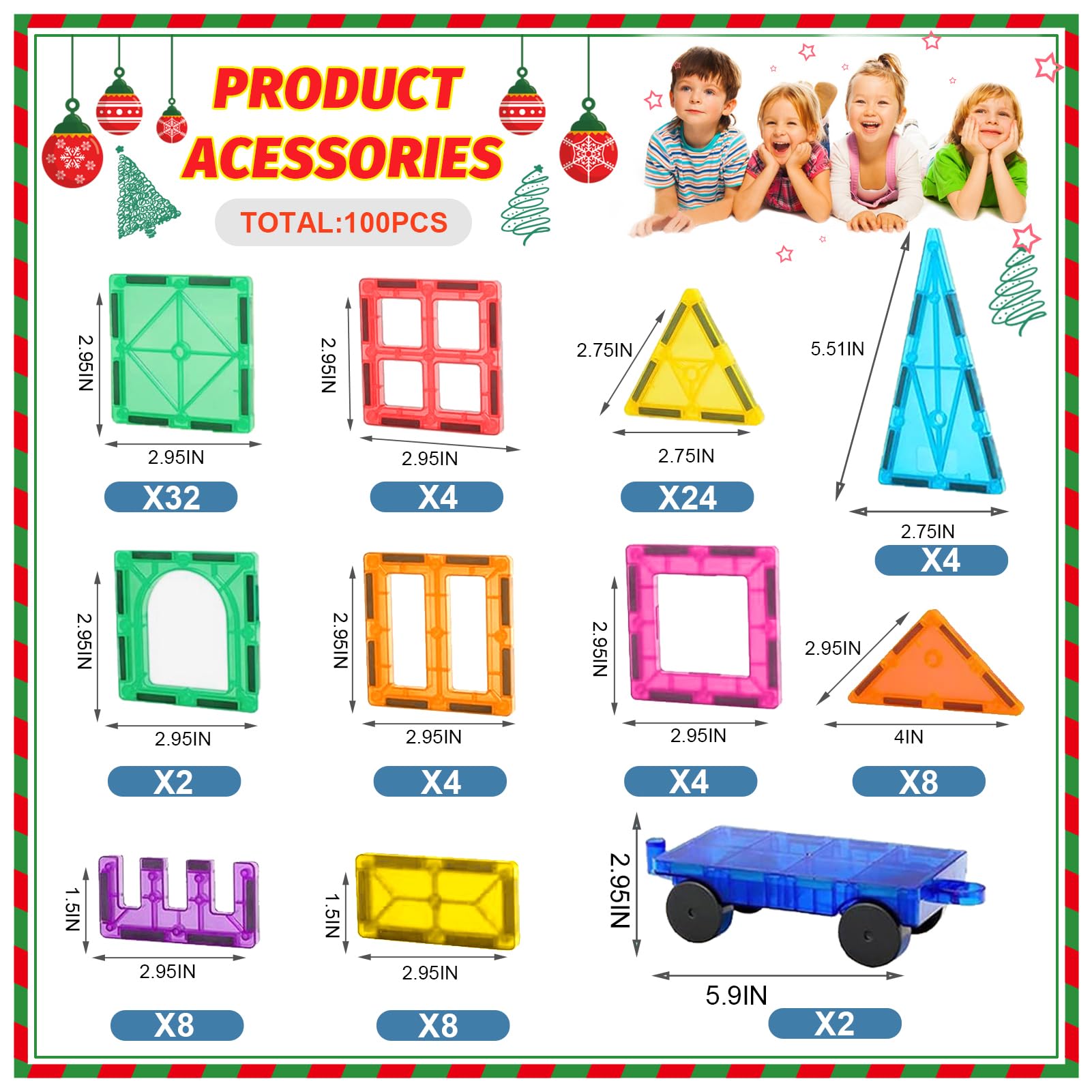 100PCS Magnetische Bausteine mit 2 Autos Magnetbausteine Kinder Magnetspiel Montessori Magnet Bausteine Magnetic Tiles Building Blocks Weihnachts Magnete Geschenk Spielzeug ab 3 4 5 6 7+ Junge Mädchen