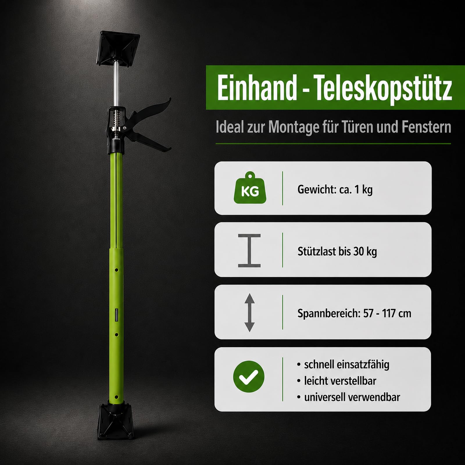 3x Zargenspanner stufenlos verstellbar 57-117 cm Druckplatte neigbar bis 45° Teleskopstütze Einhandstütze Montagestütze für Türrahmen, je 30 Kg Tragkraft Winkelspanner, Türzargen