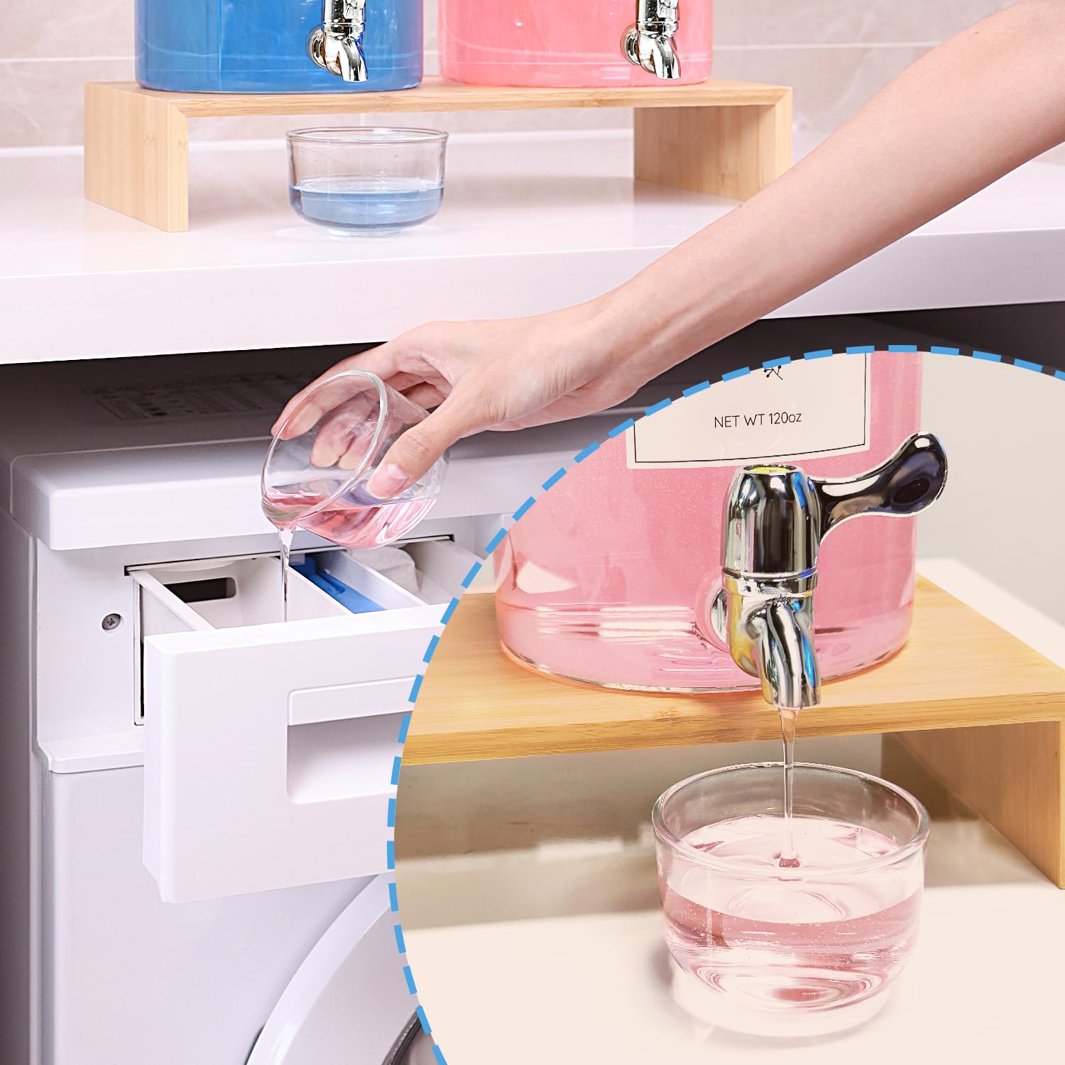 Laundry Detergent Dispenser Set with Bamboo Lids, Shelf Stand, Spouts,8 Waterproof Labels,2 Glass Cups for Liquid Detergent - 2 Pack 120 oz Glass Containers for Laundry Room Organization and Storage