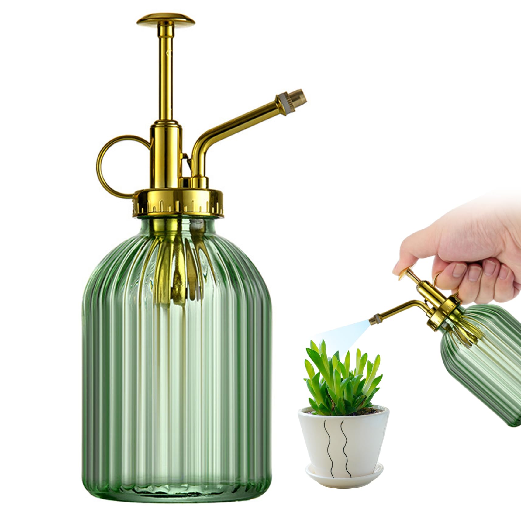 plant misterPlant Mister Water Spray Bottle for Plants Creative Hand Pressure Water Bottle Glass Flower Sprayer (Green+Golden Sprinkler)