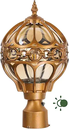 Dusk to Dawn Globe Outdoor Lamp Post Lights for Lawn Garden Yard Driveway, Brass Sphere Outside Post Light, Pier Mount Post Pillar Lighting Fixtures, Soccer Ball Exterior Pole Post Light(1 Pack)