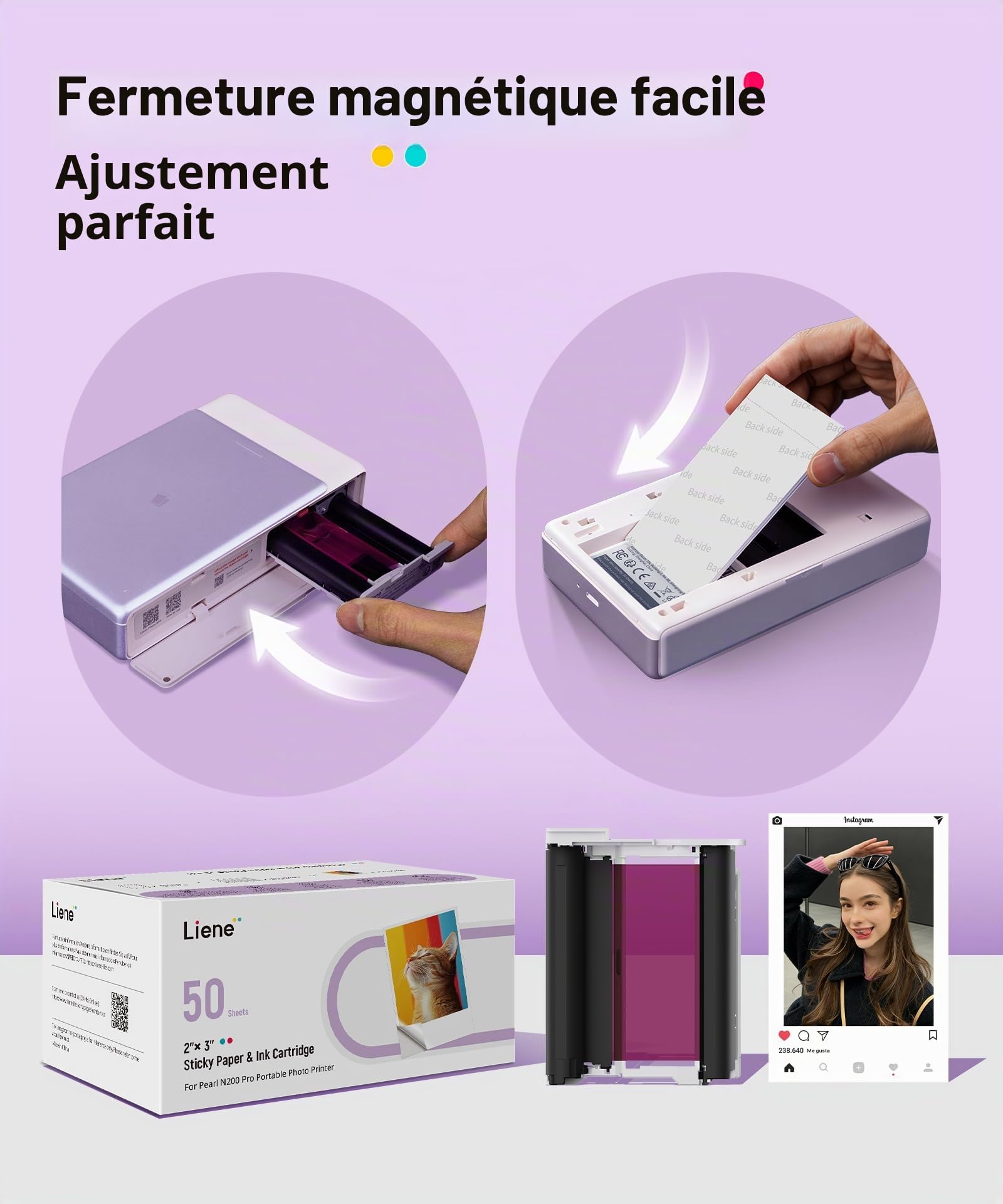 Liene Pearl N200 Pro Papier photo autocollant pour imprimante portable : 50 feuilles (5x7,6 cm) + 5 rubans. Résistant à l’eau, autocollant instantané. Pour DMP130. Idéal scrapbooking et DIY.