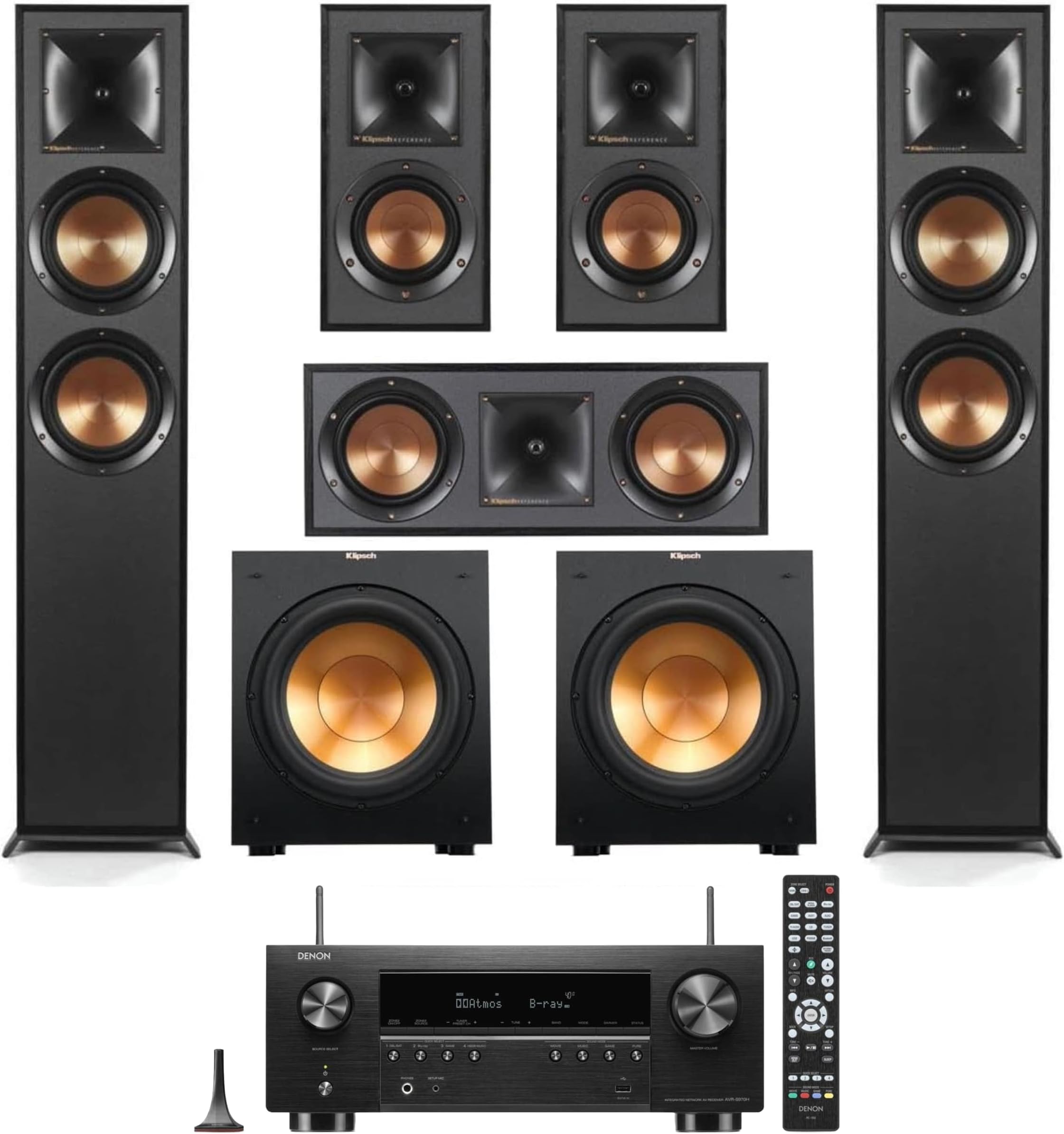 Klipsch Reference 5.2 Home Theater System, Bundle with 2X R-625FA Floorstanding Speaker, 2X R-12SW Subwoofer, R-52C Center Channel, R-41M Bookshelf Speaker Pair, 7.2-Channel Receiver, Black