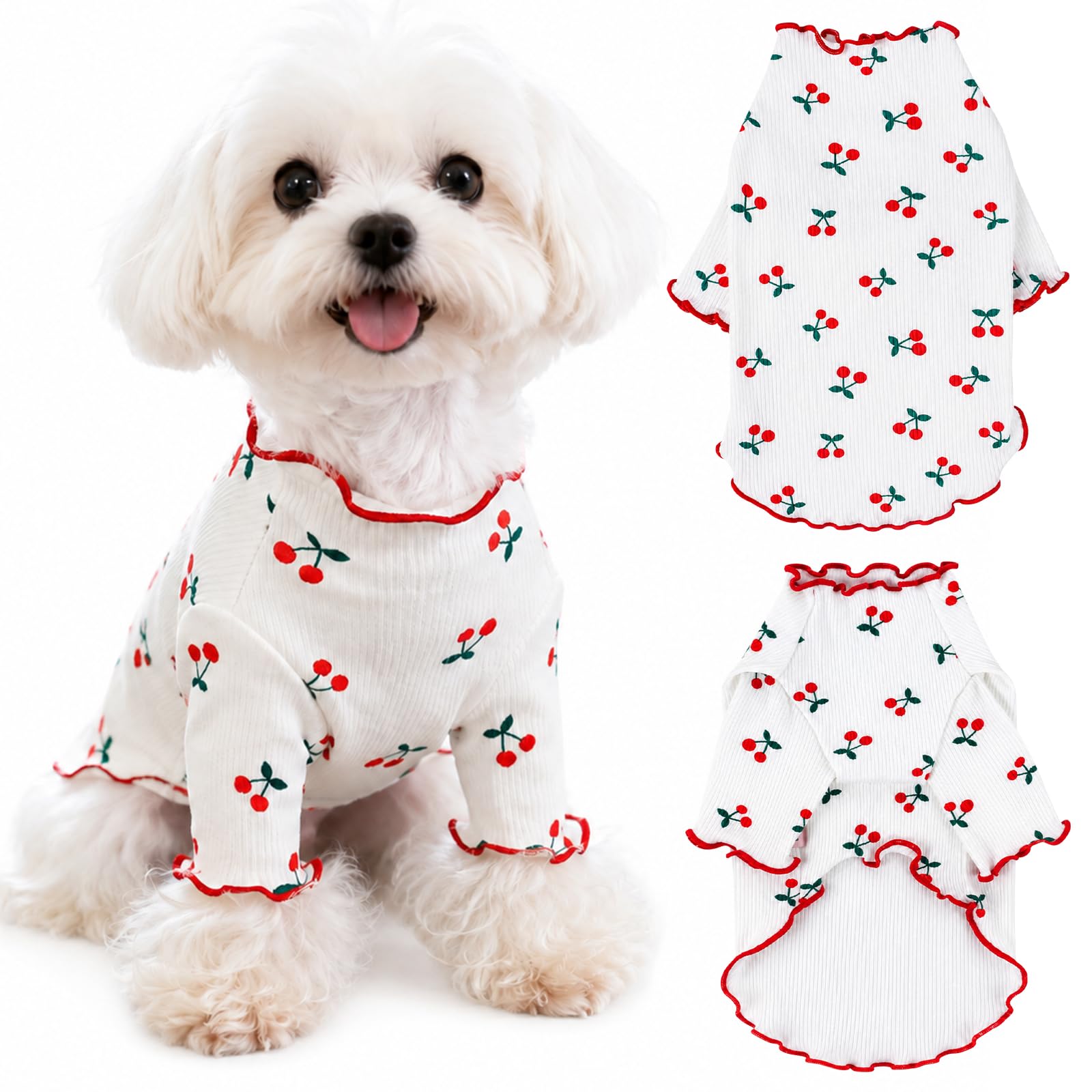 Yaopelky Dog Shirt for Small Medium Dogs,Cherry Print Girl Dog Clothes with Red Ruffle Trim, Cute Puppy T-Shirt for Yorkie Maltese Chihuahua Clothes (Cherry, XS(1.5-2.5kg))