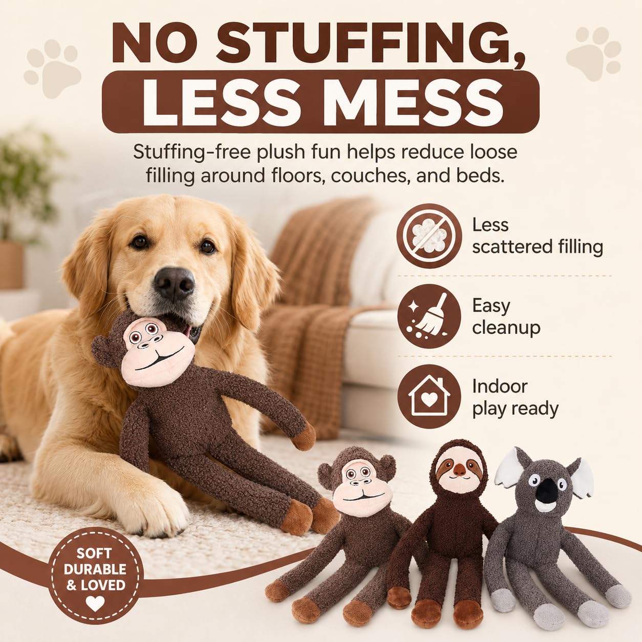 Juguetes para perros grandes sin relleno, paquete de 3 juguetes interactivos de dentición de felpa chirriantes, regalos duraderos y divertidos para razas pequeñas, medianas y grandes
