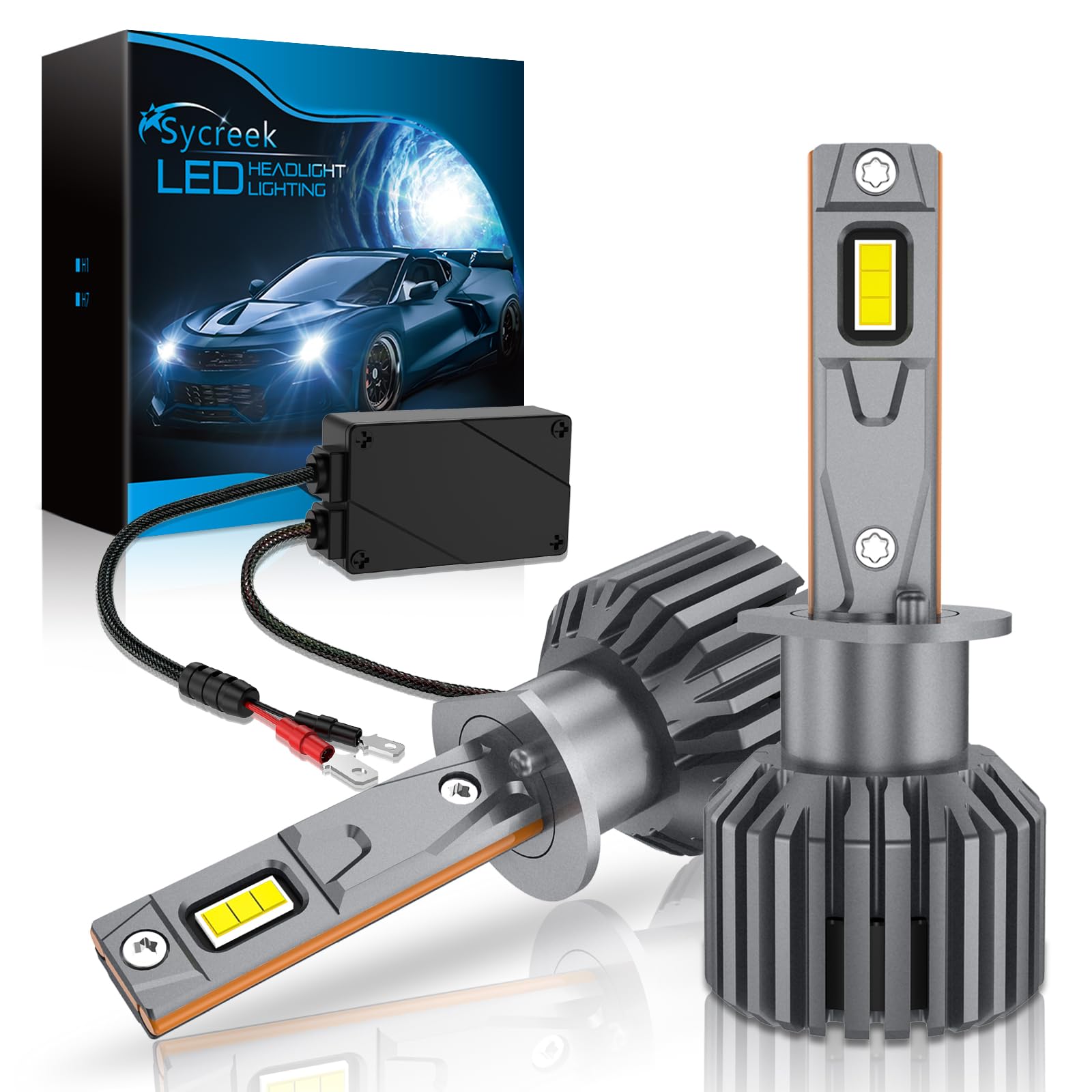 Sycreek Bombilla H1 LED, 35000LM 6000K Blanco Frío 700% Brillo Súper Brillante 360 ° Ángulo Haz Ajustable Led H1 Kit Conversión Automóvil Anti Error, 2 Piezas