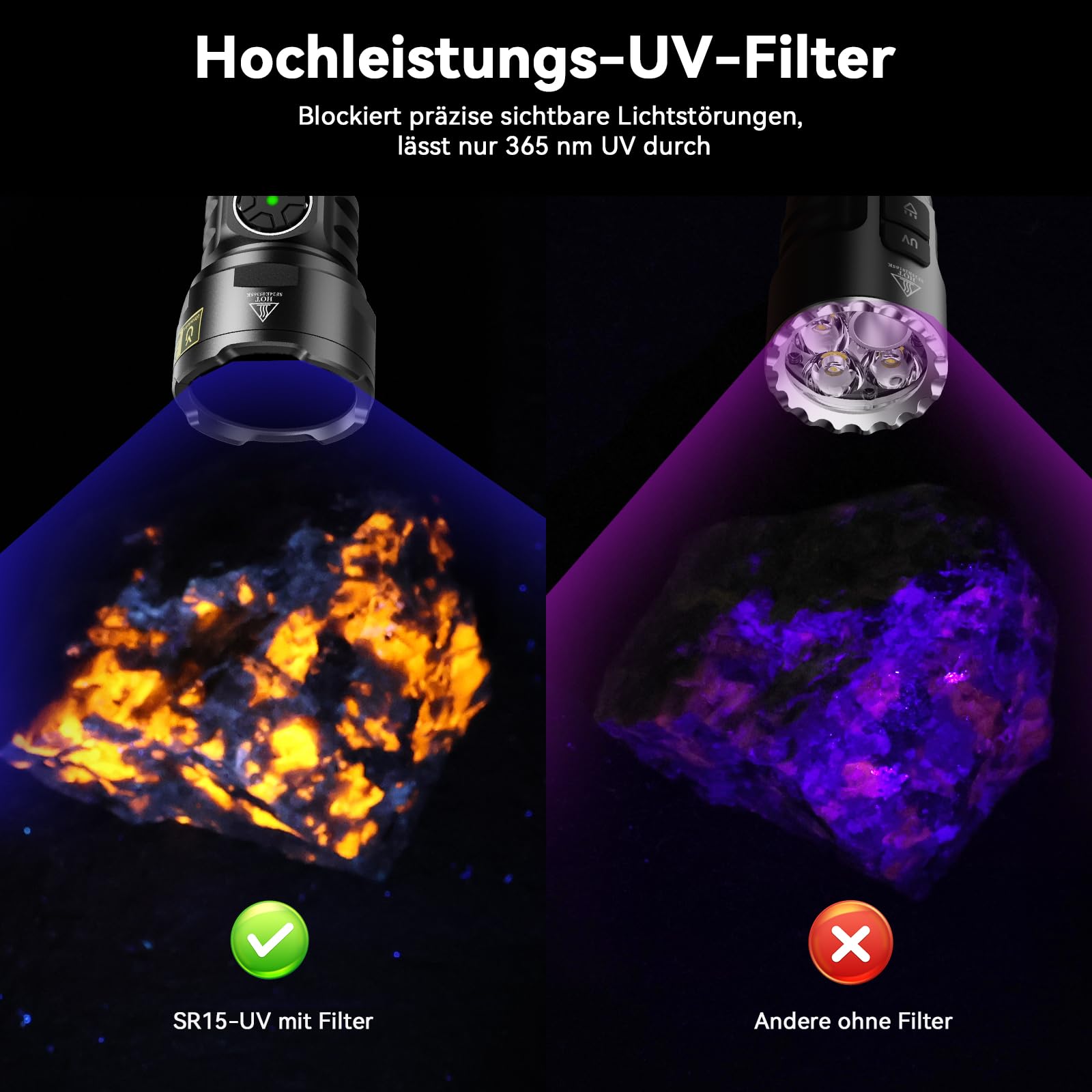 Sofirn SR15 UV Taschenlampe 365nm, UV Lampe Schwarzlicht Taschenlampen Aufladbar, IPX8 wasserdicht für Mineralien, Bernsteinsuche, Haustierurin-Erkennung, Harz, Reisen, Professionelle Inspektion