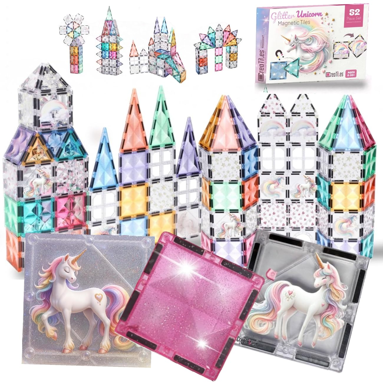 Glitter Unicorn Pony Magnetic Tiles: Building Blocks Toys for Kids - Hearts, Stars, Rainbow Castle Playset for Creative Kids, STEM Frozen Princess Birthday Gift for Girls Ages 3 4 5 6 7 8 and Up