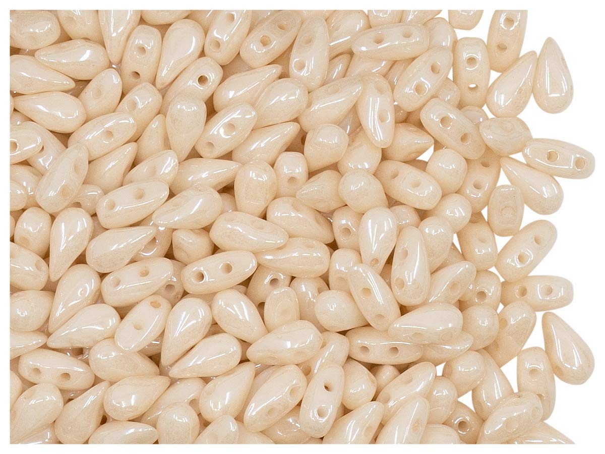 50 Pieces DropDuo® Beads-Czech Pressed Glass Beads in The Form of a Teardrop 3x6mm with Two Holes, Opaque White Champagne Ceramic Look (Chalk White Beige Luster)